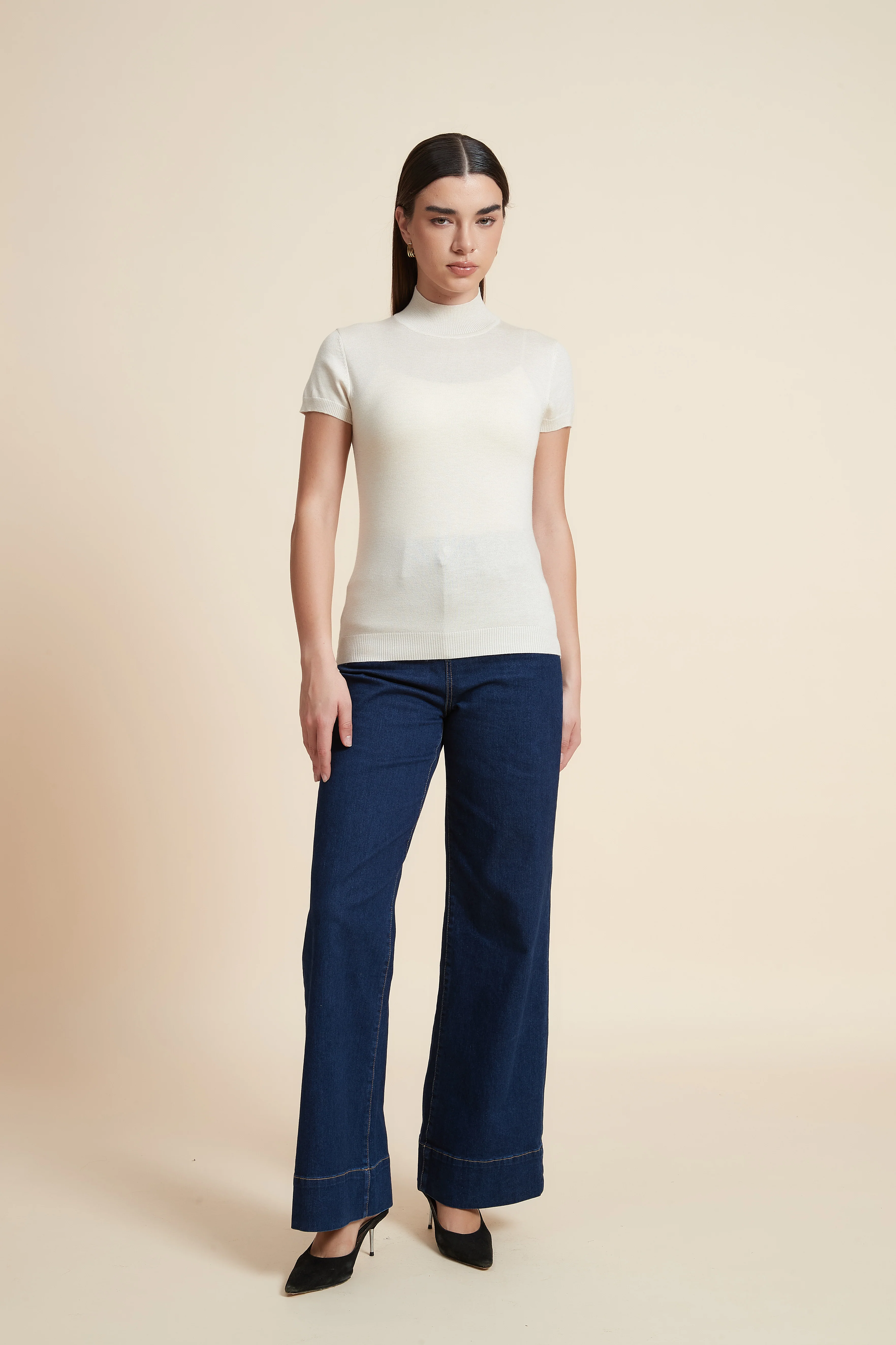 Solid Color High Neck Short Sleeve Blouse - Image 5