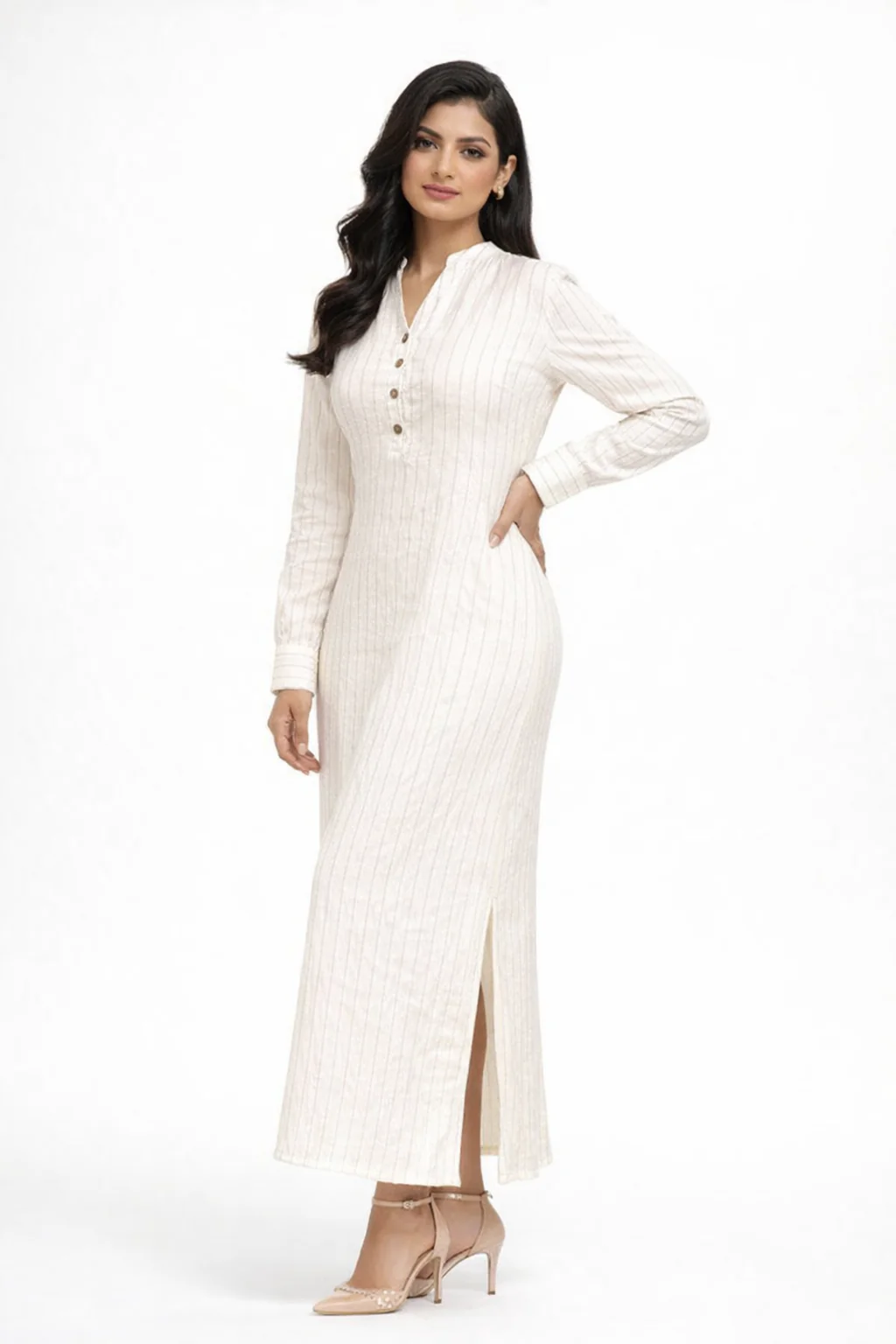 Long-Sleeve Vertically Striped Midi Dress