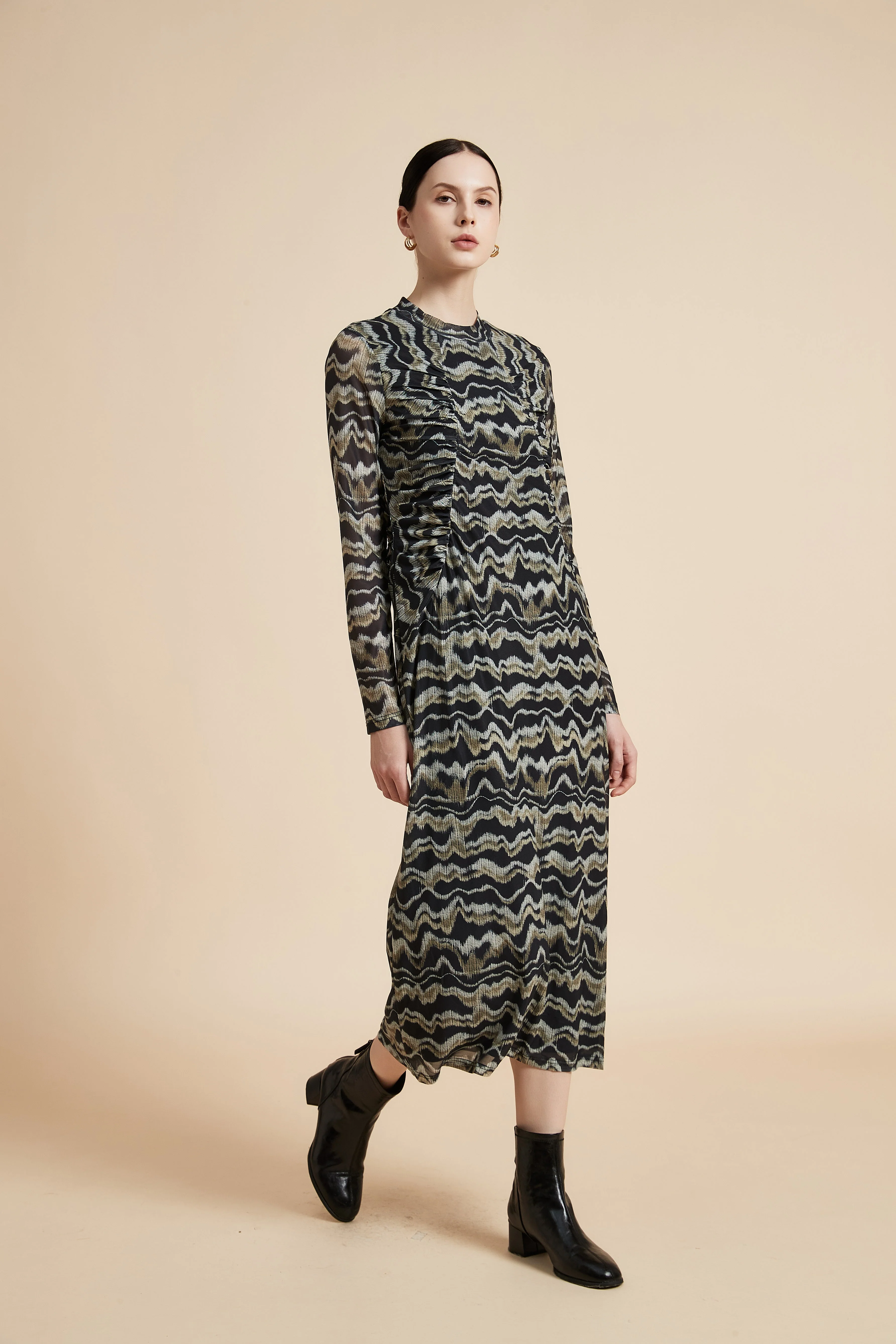 Printed Long Sleeve Midi Dress