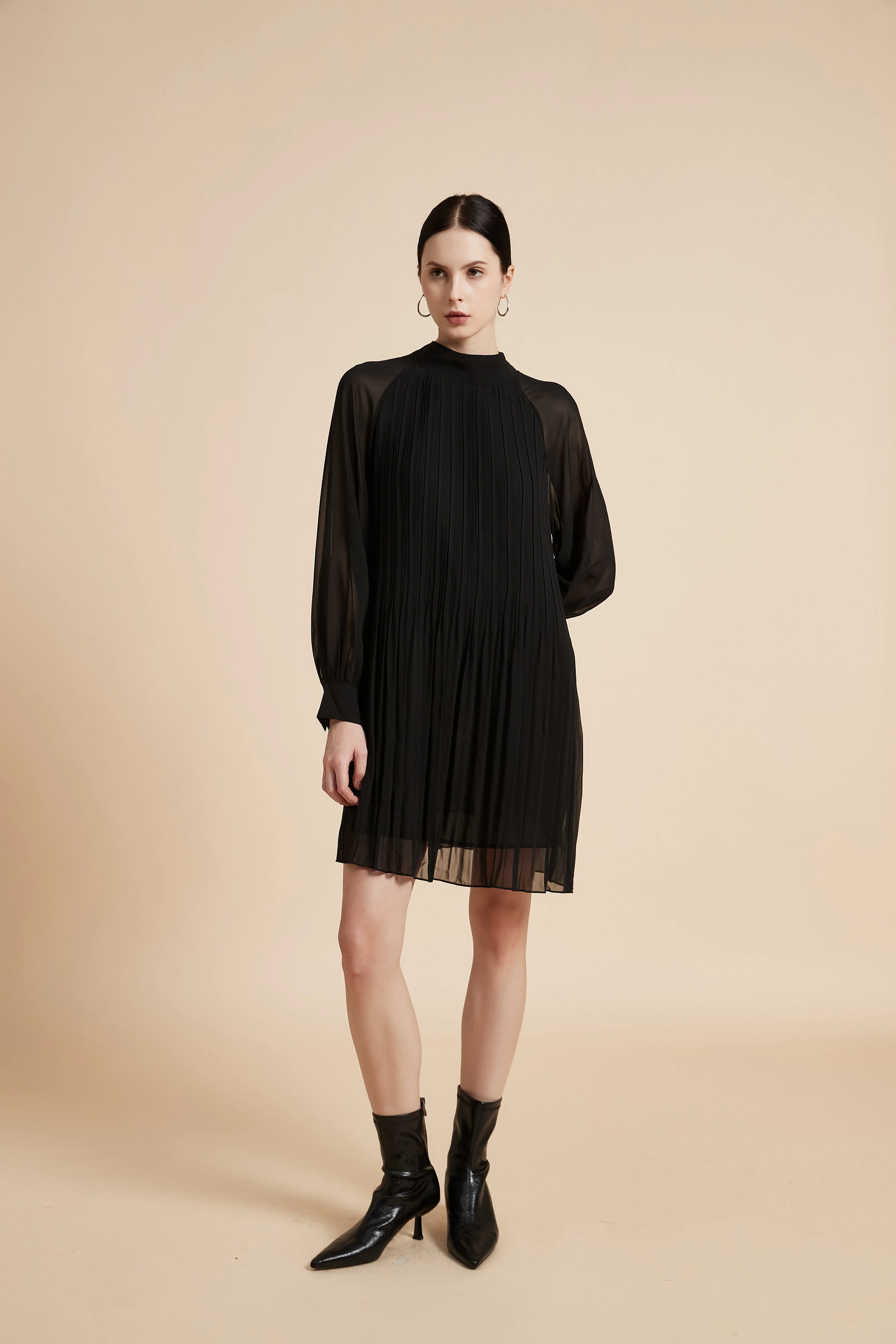 Pleated Long Sleeve Mini Dress
