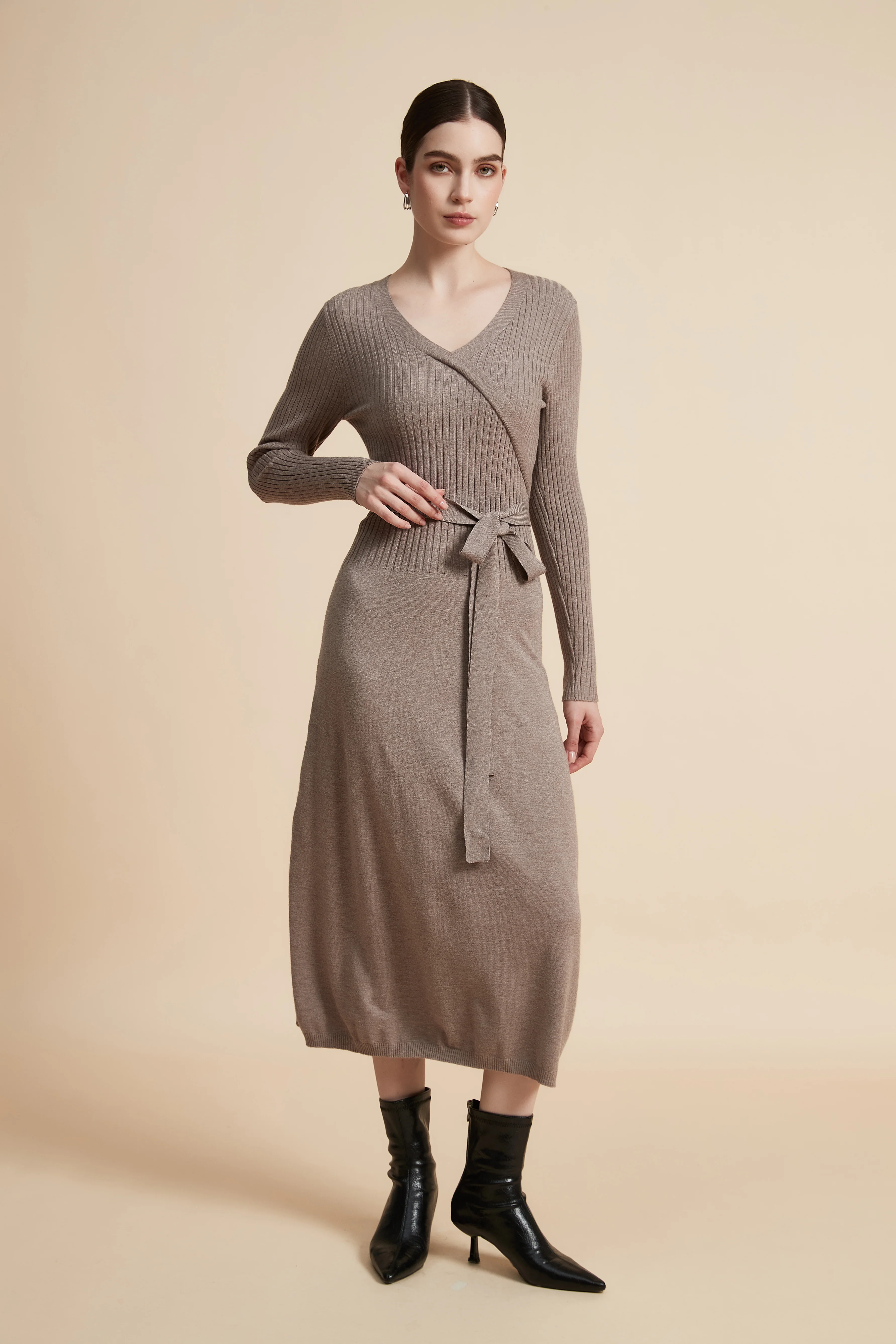 Plain Ribbed Wrap Dress With Belt