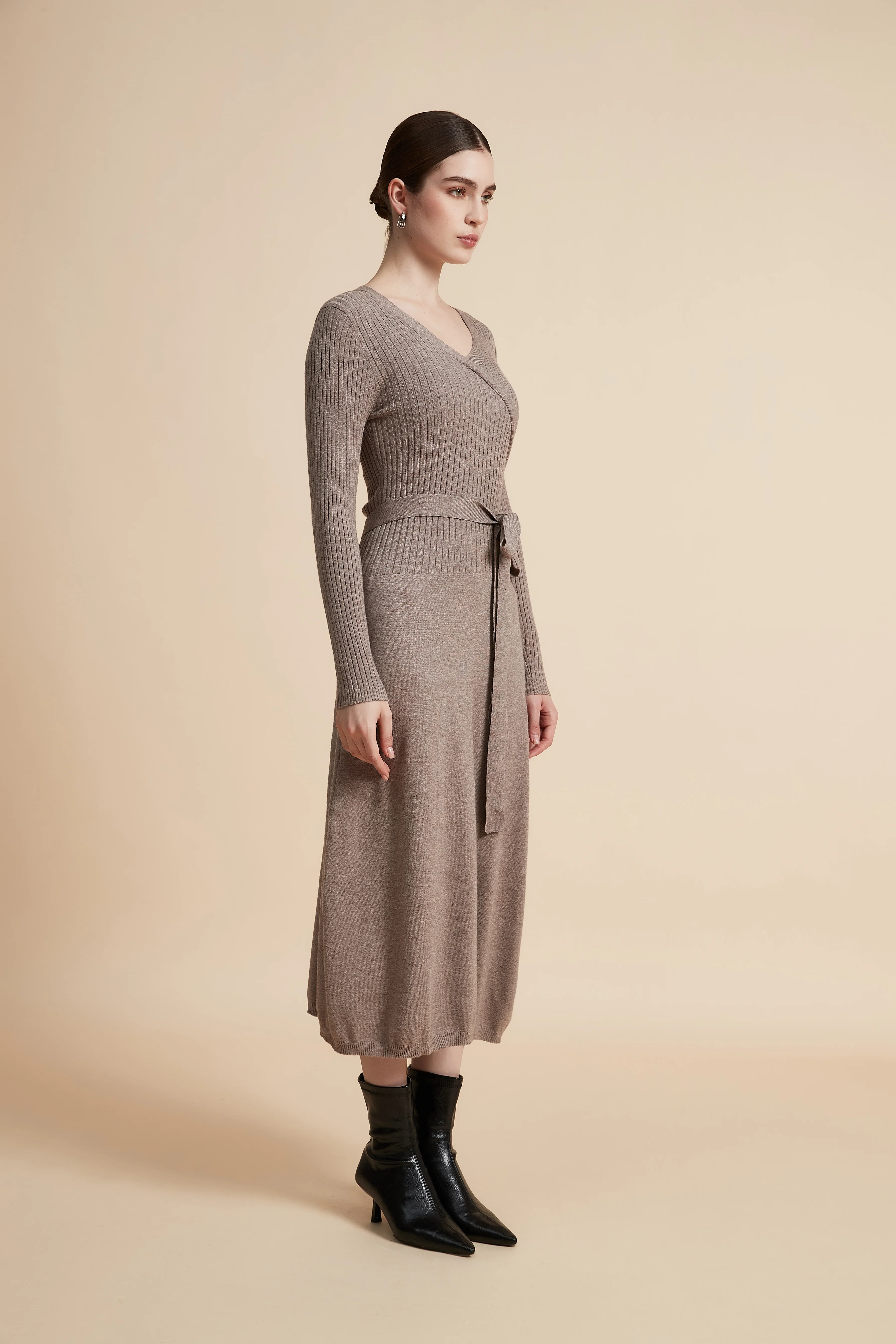 Plain Ribbed Wrap Dress With Belt - Image 2