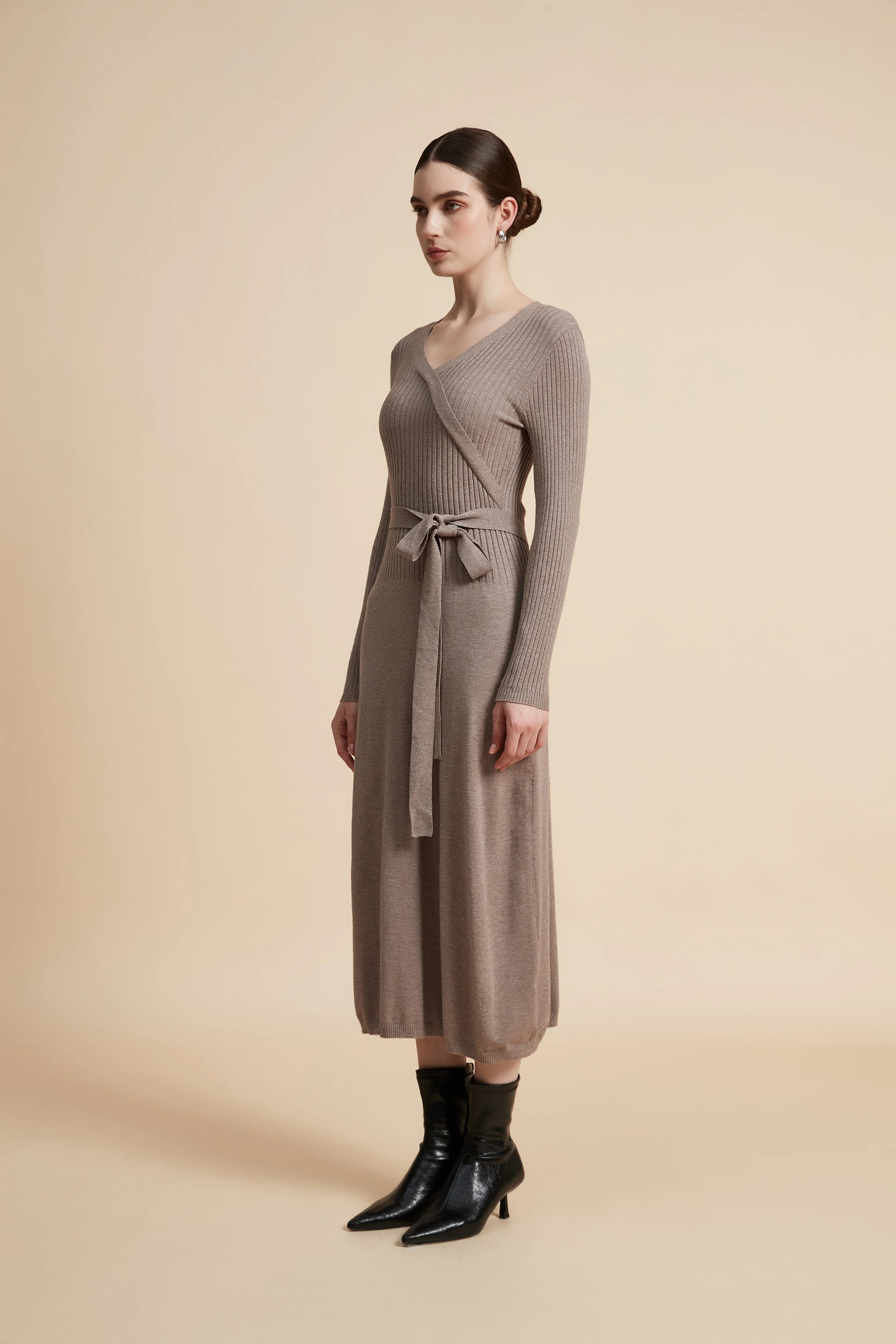 Plain Ribbed Wrap Dress With Belt - Image 3