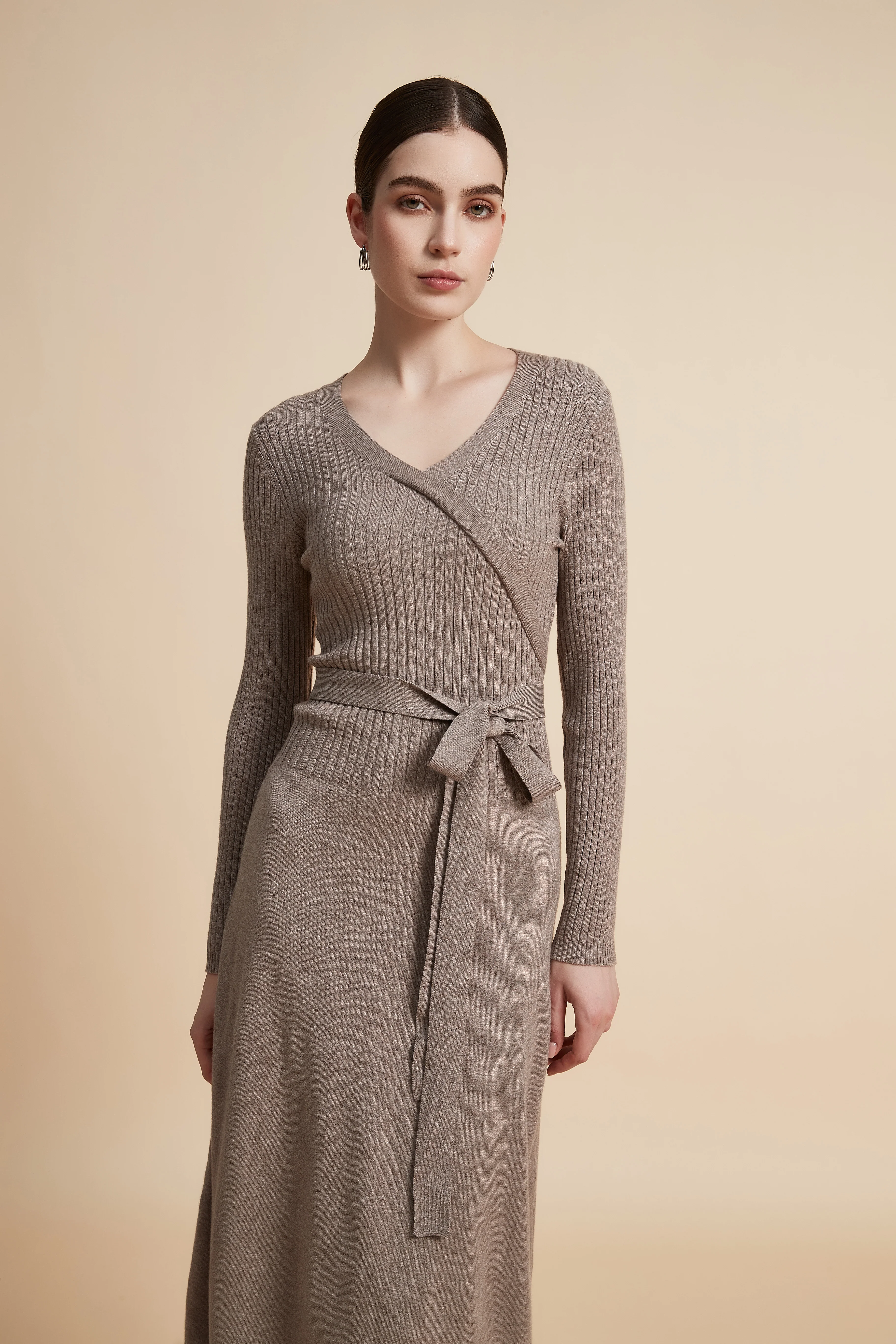 Plain Ribbed Wrap Dress With Belt - Image 4
