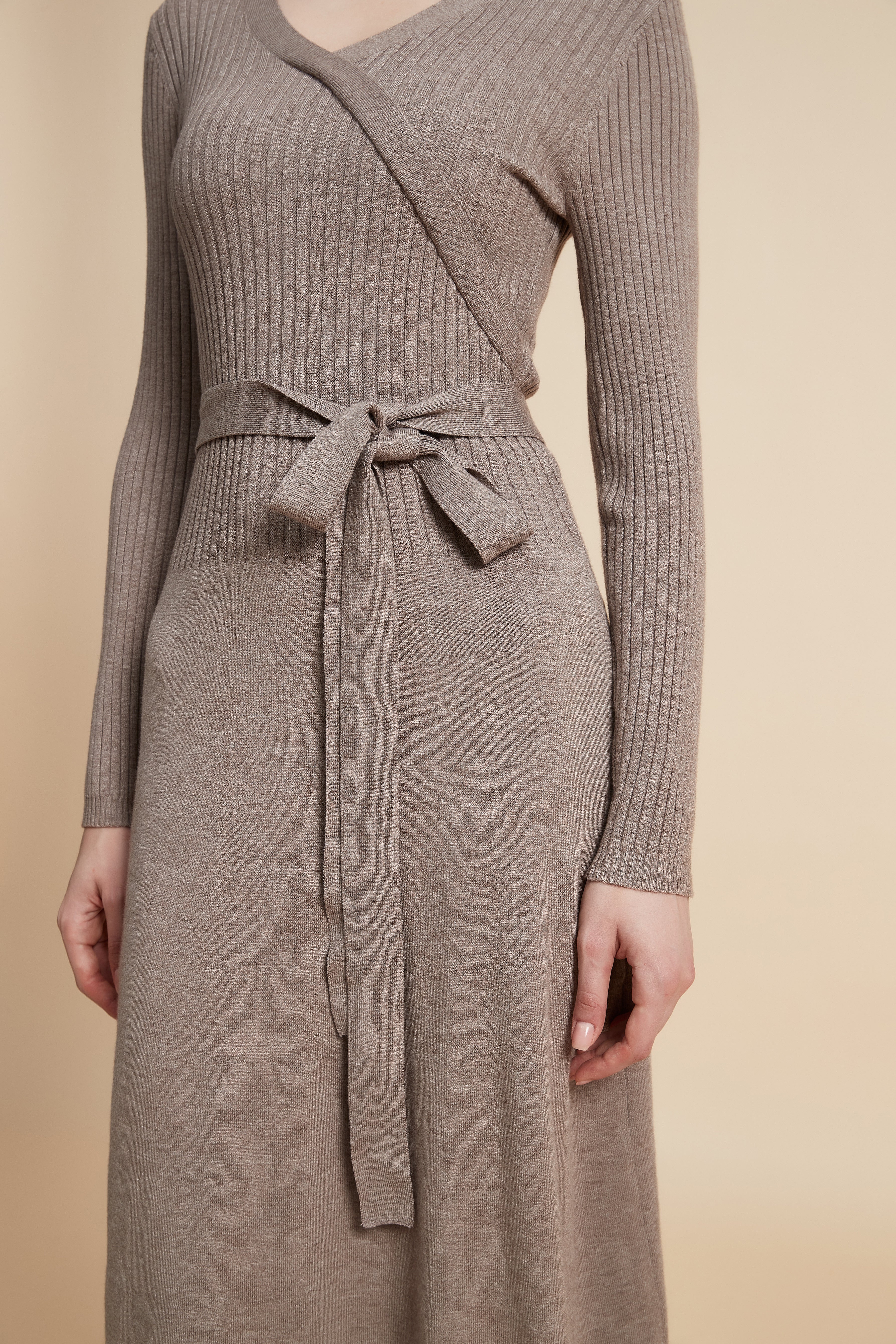 Plain Ribbed Wrap Dress With Belt - Image 5