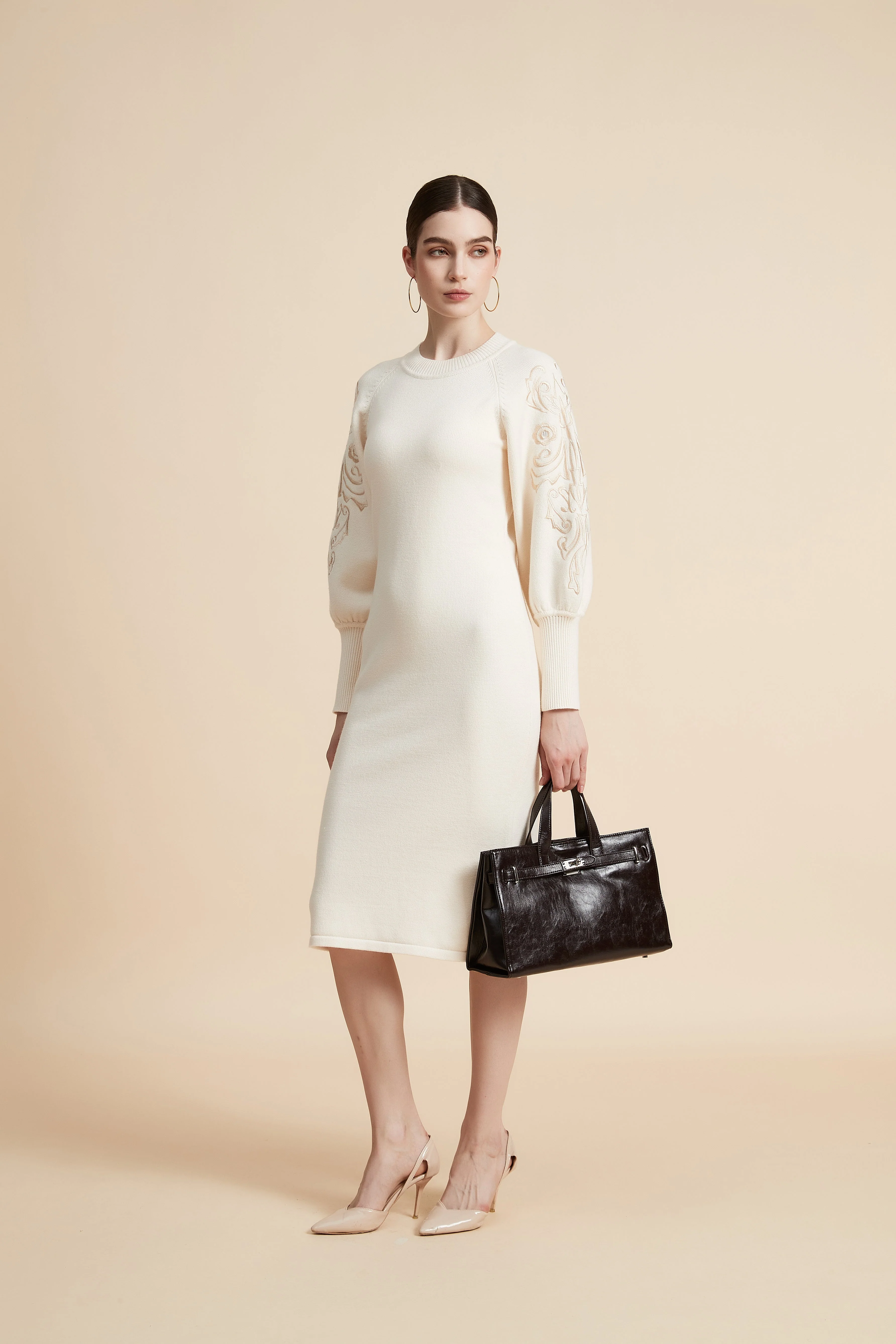Knee-Length Puff Sleeve Dress - Image 2