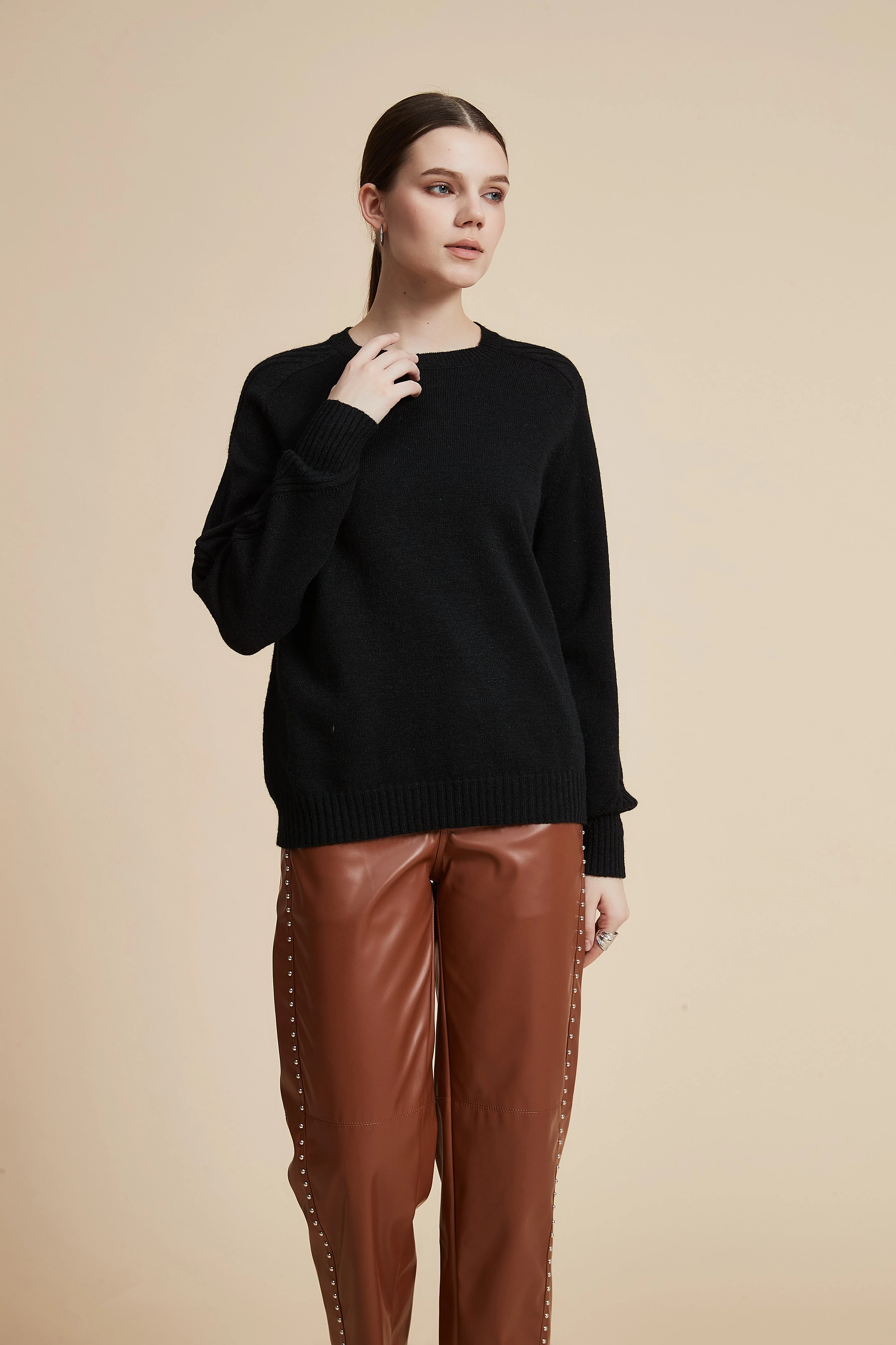 Solid Long Sleeve Crew Neck Sweater - Image 5