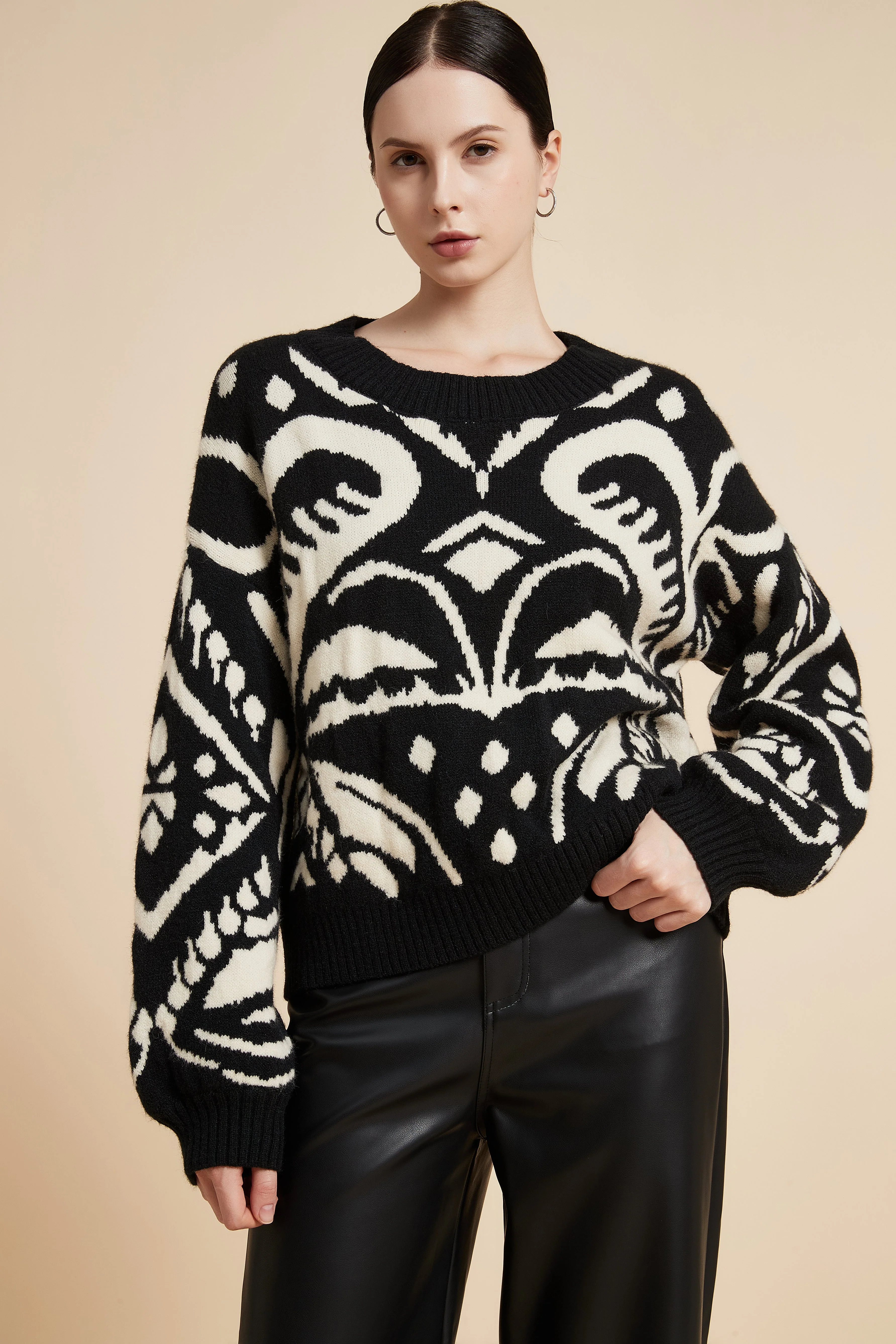 Printed Long Sleeve Oversized Sweater