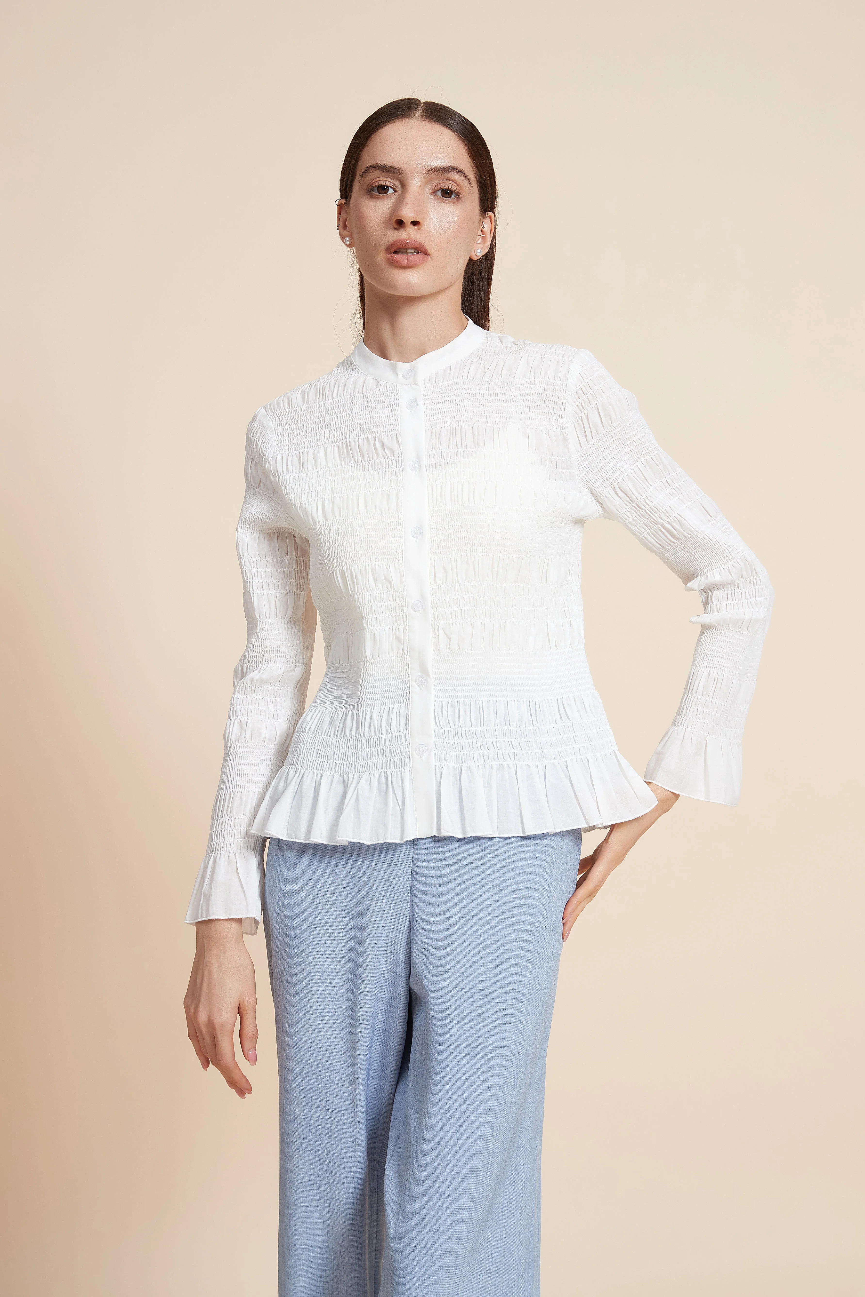 Ruched Plain Blouse With Long Sleeves