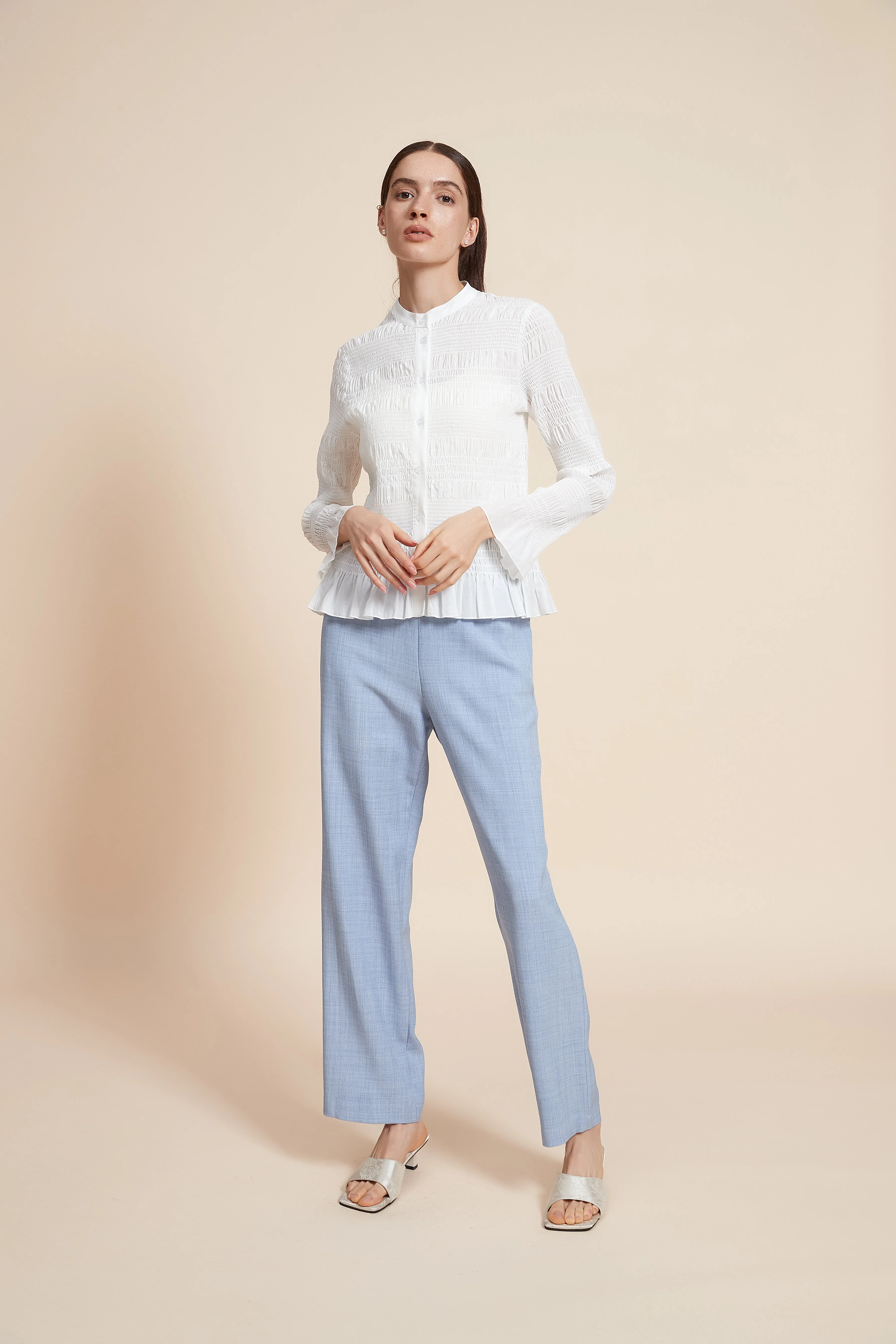 Ruched Plain Blouse With Long Sleeves - Image 2