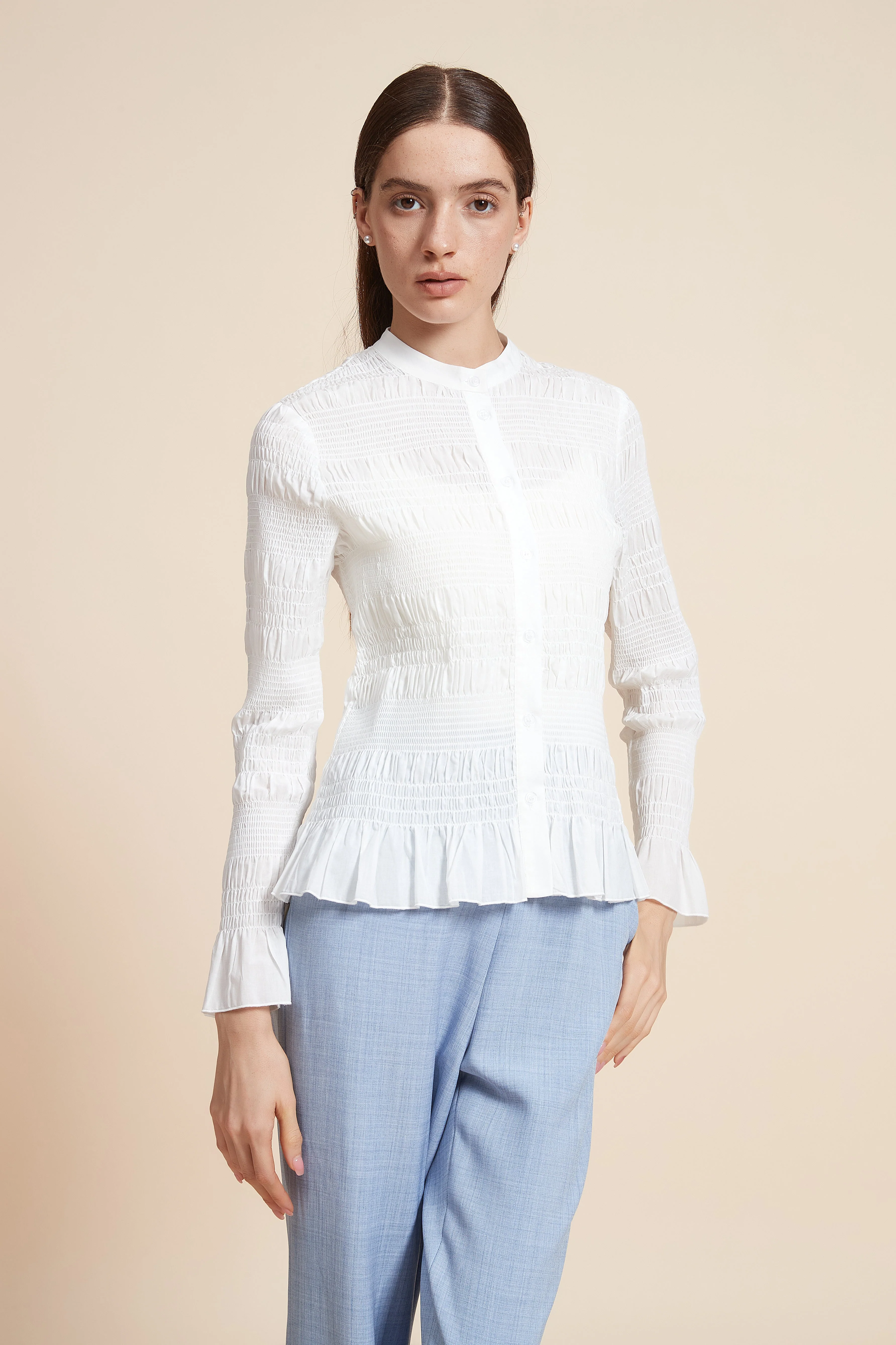 Ruched Plain Blouse With Long Sleeves - Image 3