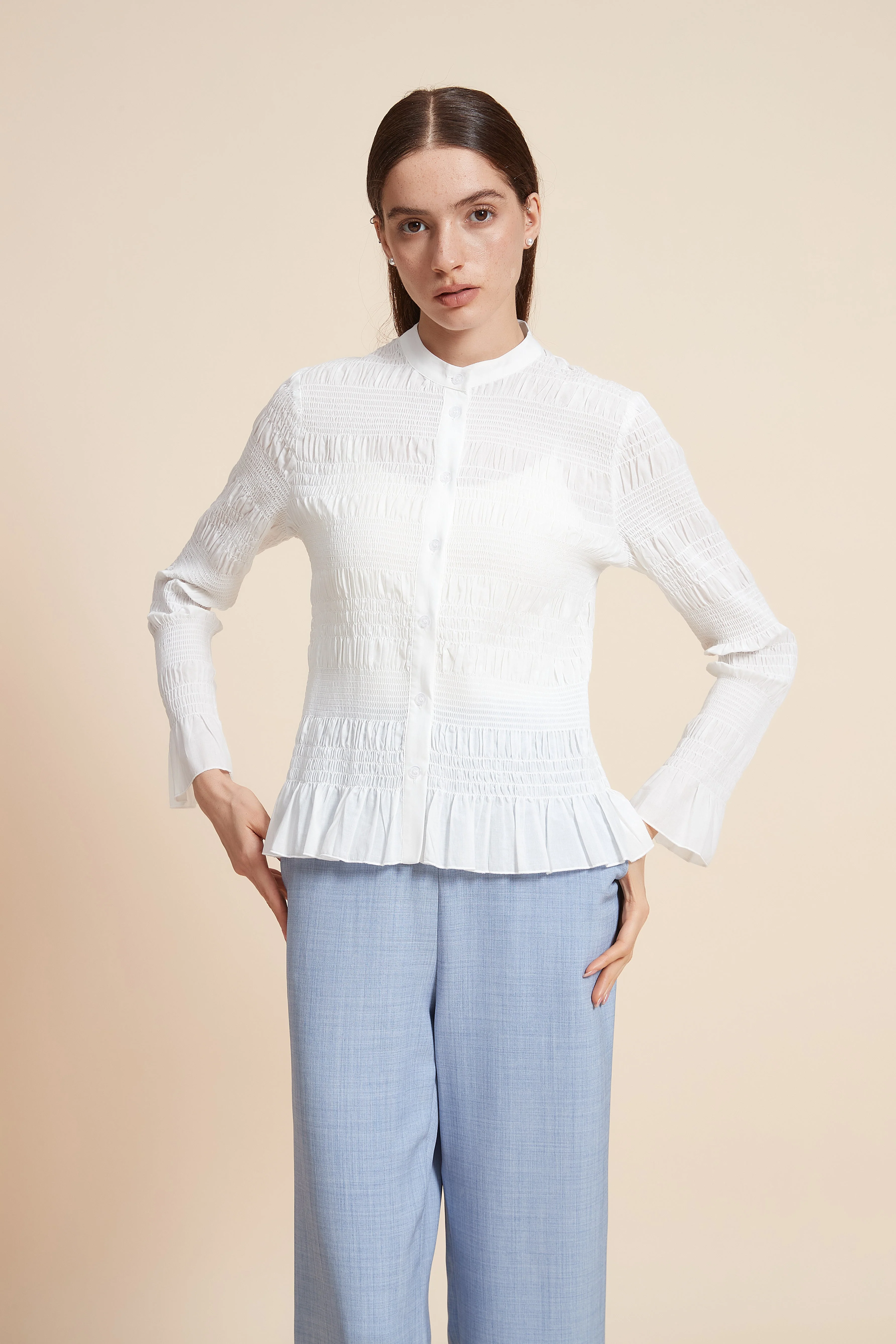 Ruched Plain Blouse With Long Sleeves - Image 4