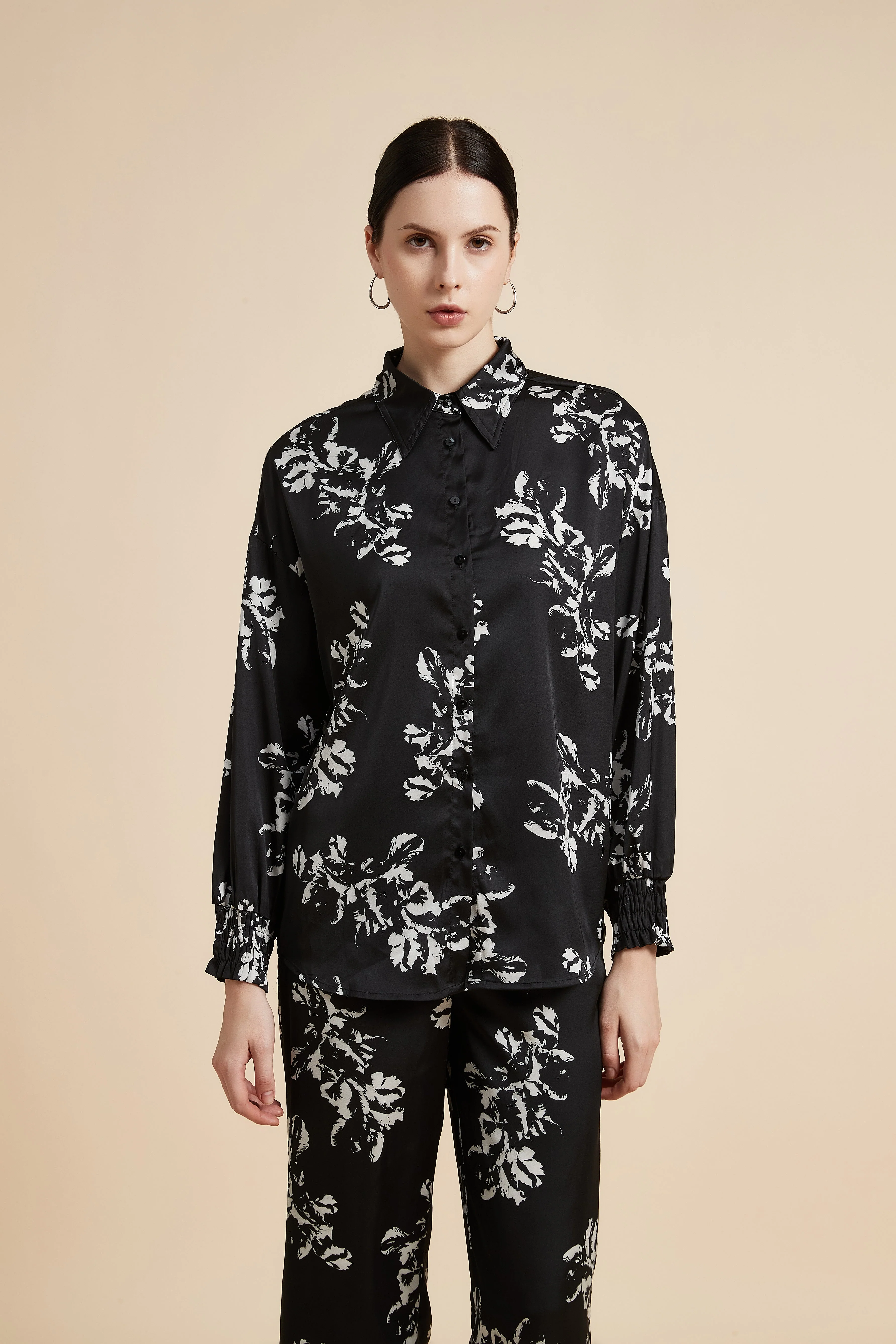 Floral Long Sleeve Shirt Collar Blouse