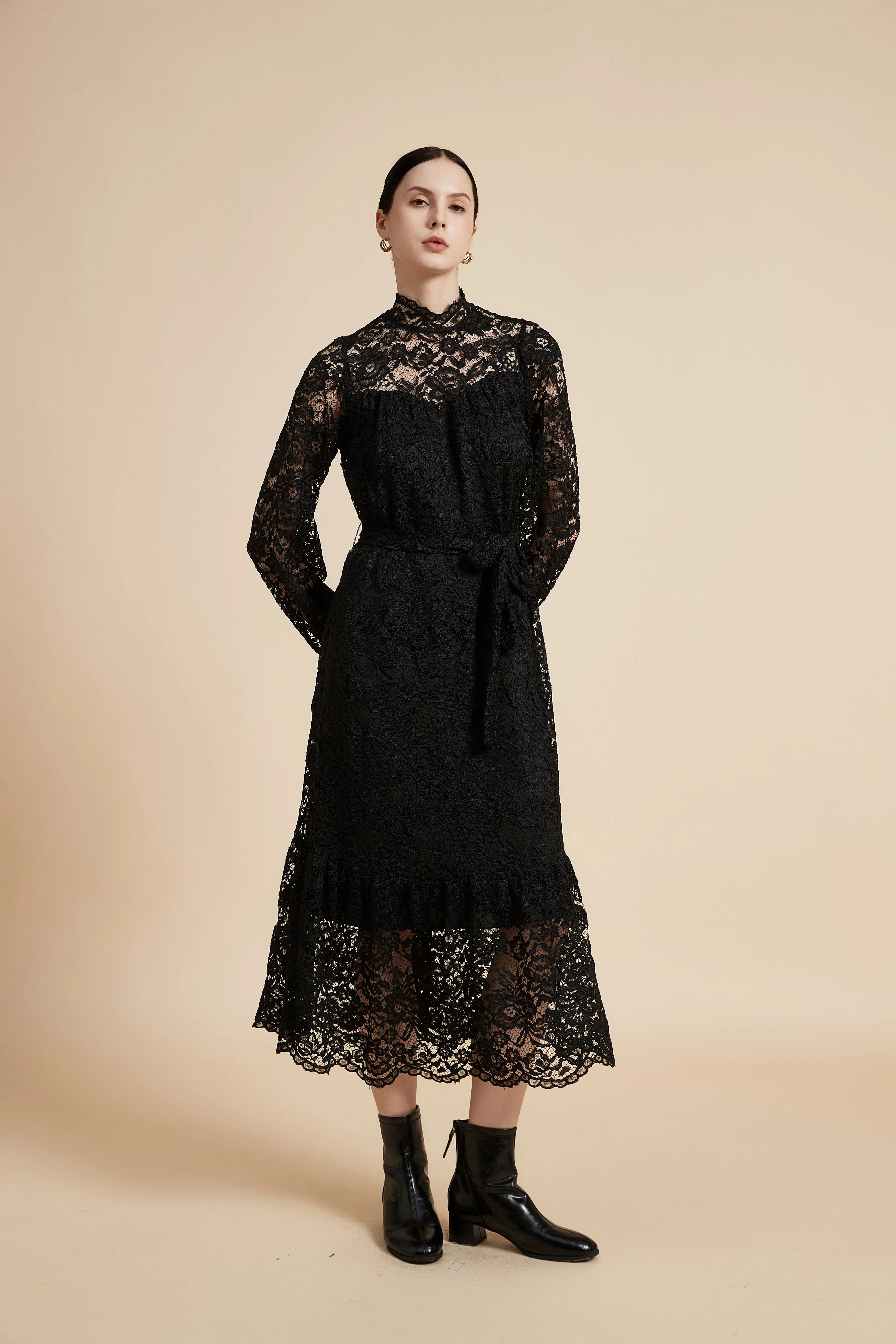 Long Sleeve Midi Dress with Lace Details