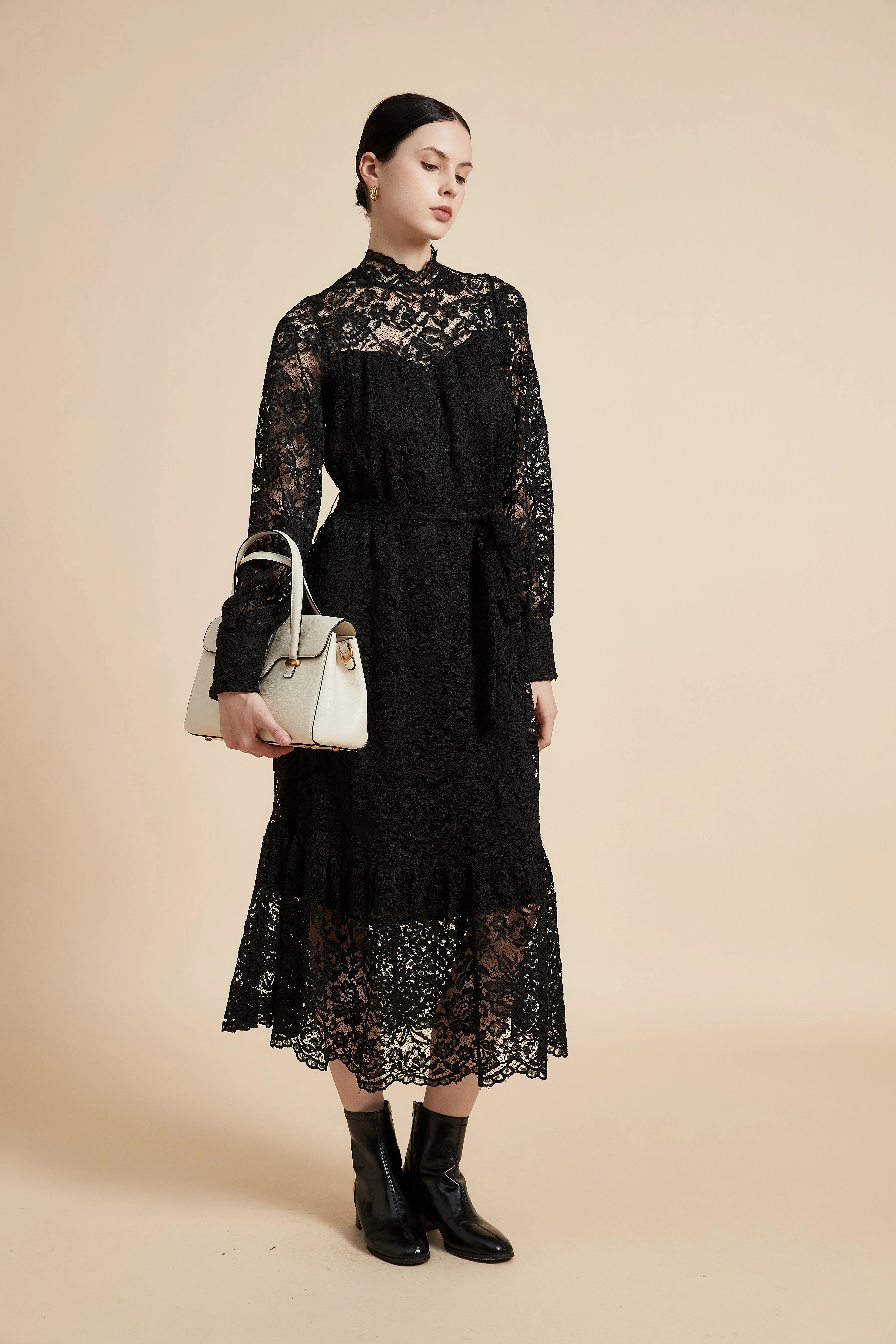 Long Sleeve Midi Dress with Lace Details - Image 2