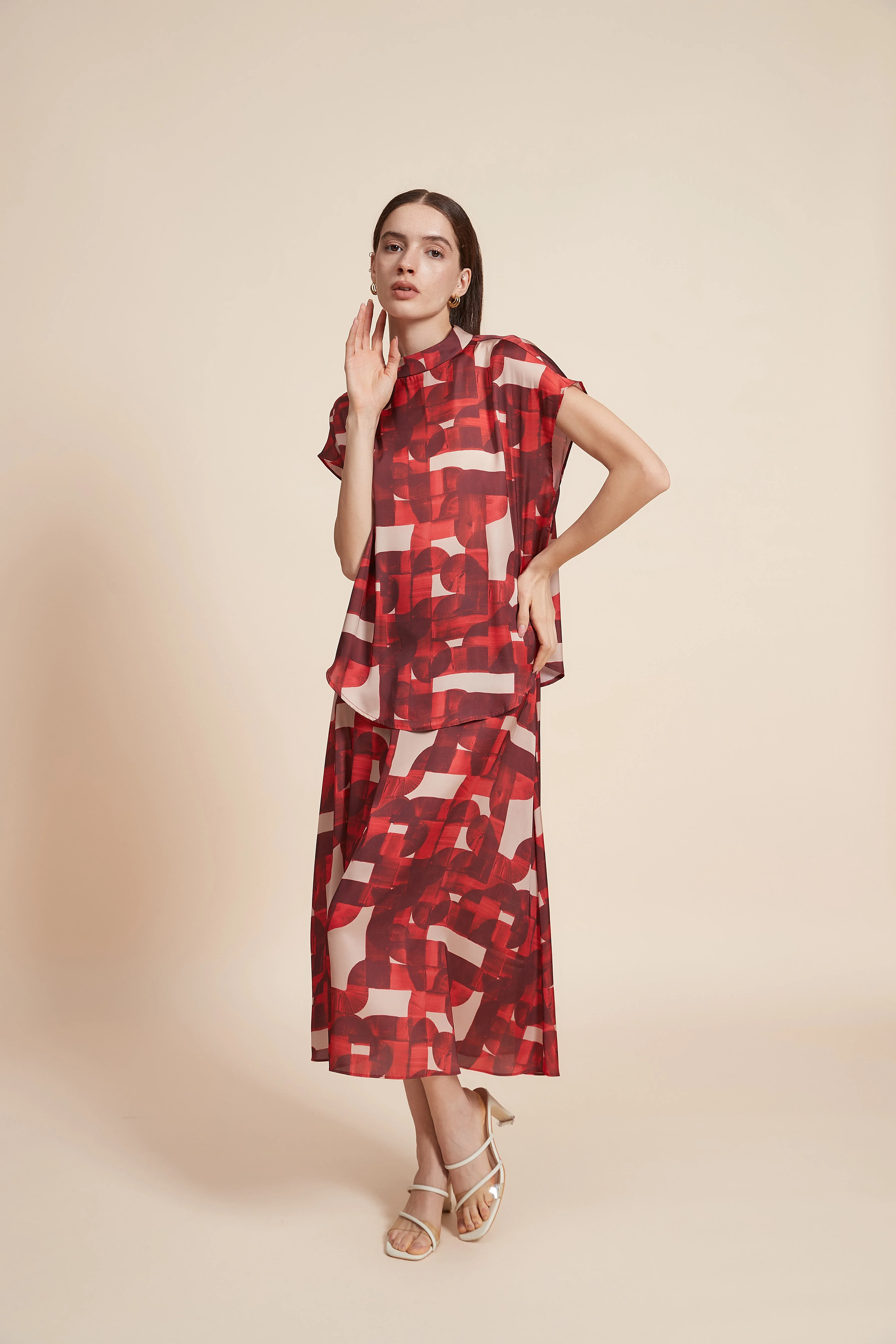 Printed Short Sleeve Blouse with High Neck - Image 4