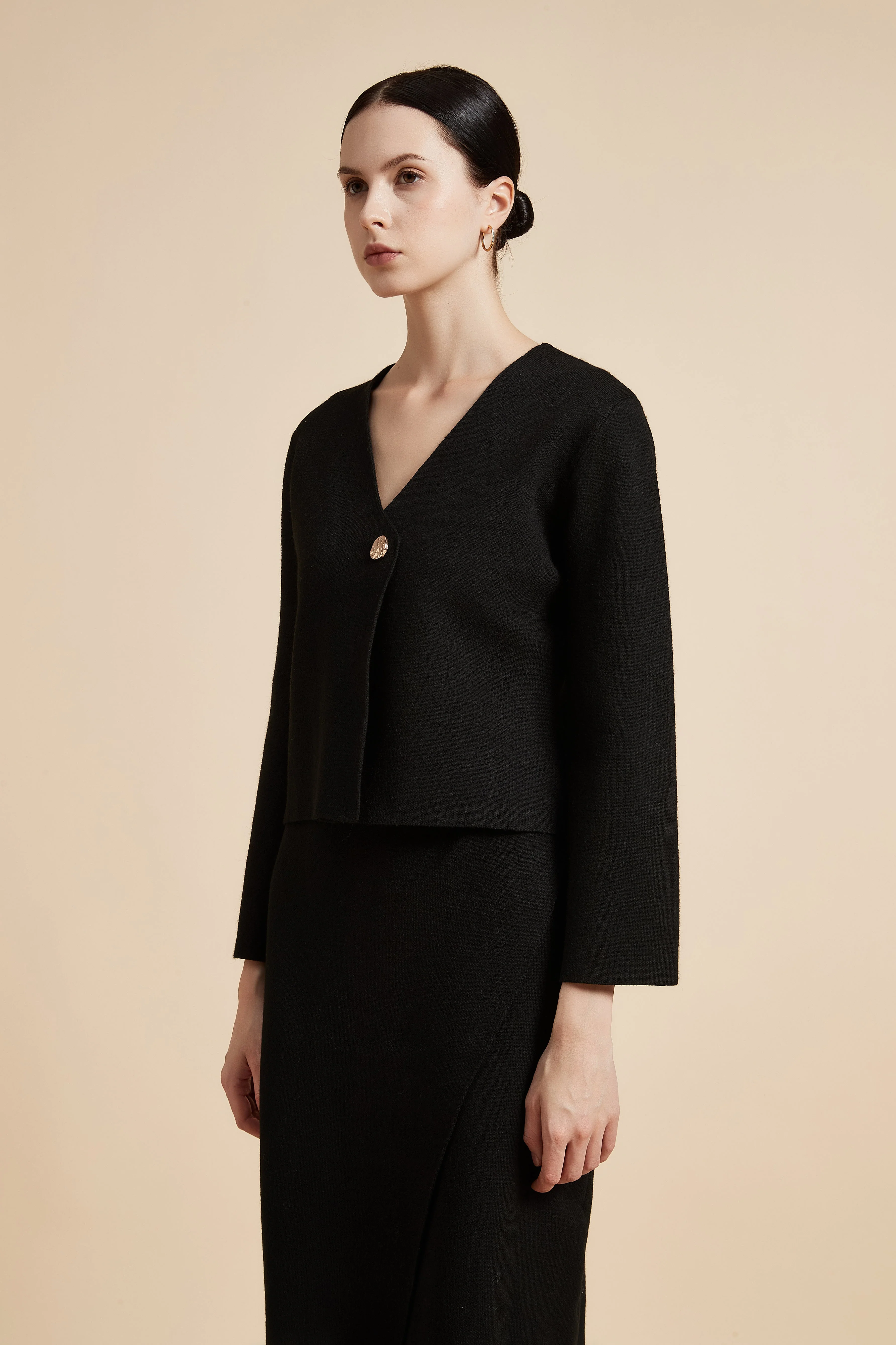 Solid Waist-Length Cardigan with Long Sleeves - Image 2