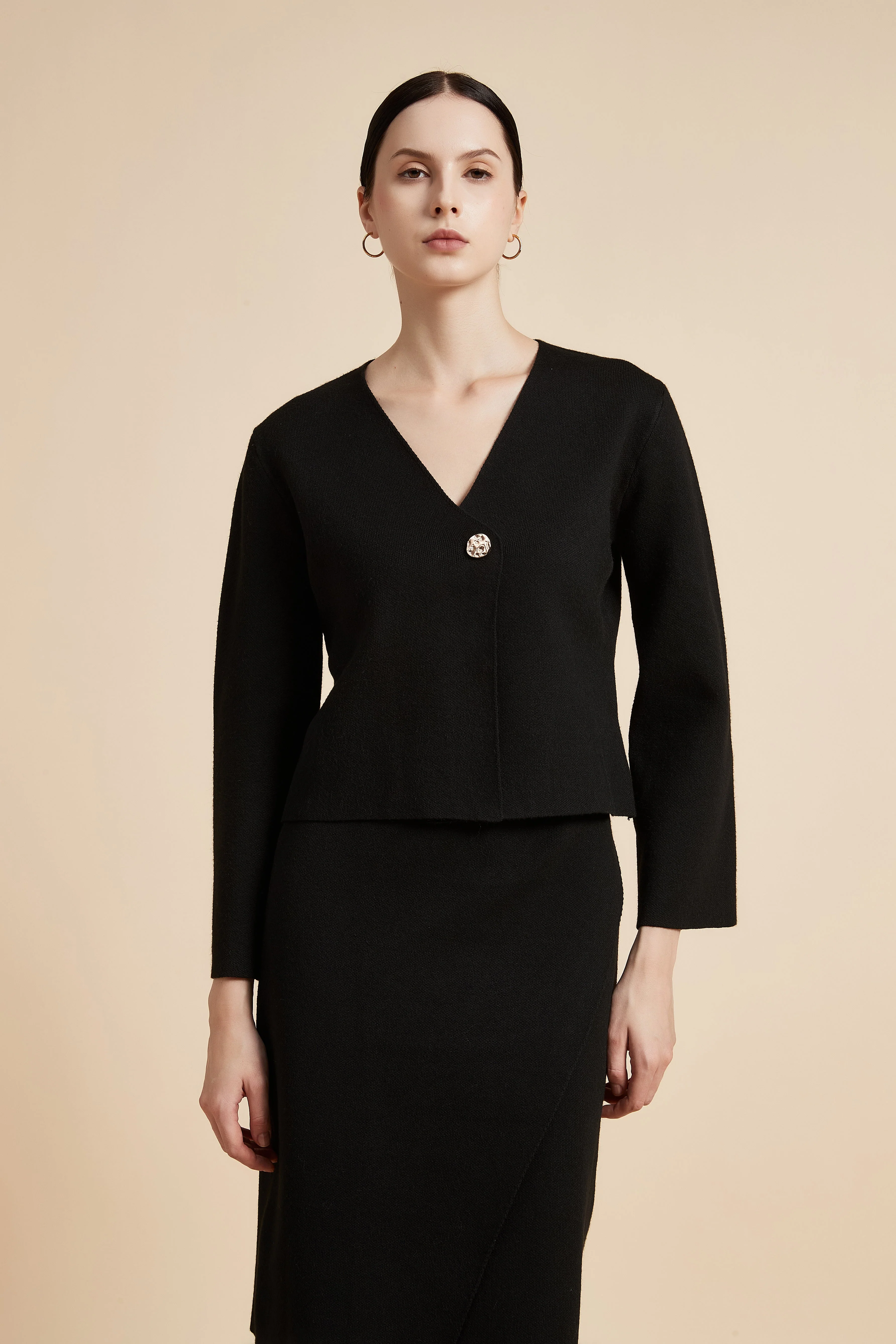 Solid Waist-Length Cardigan with Long Sleeves - Image 3