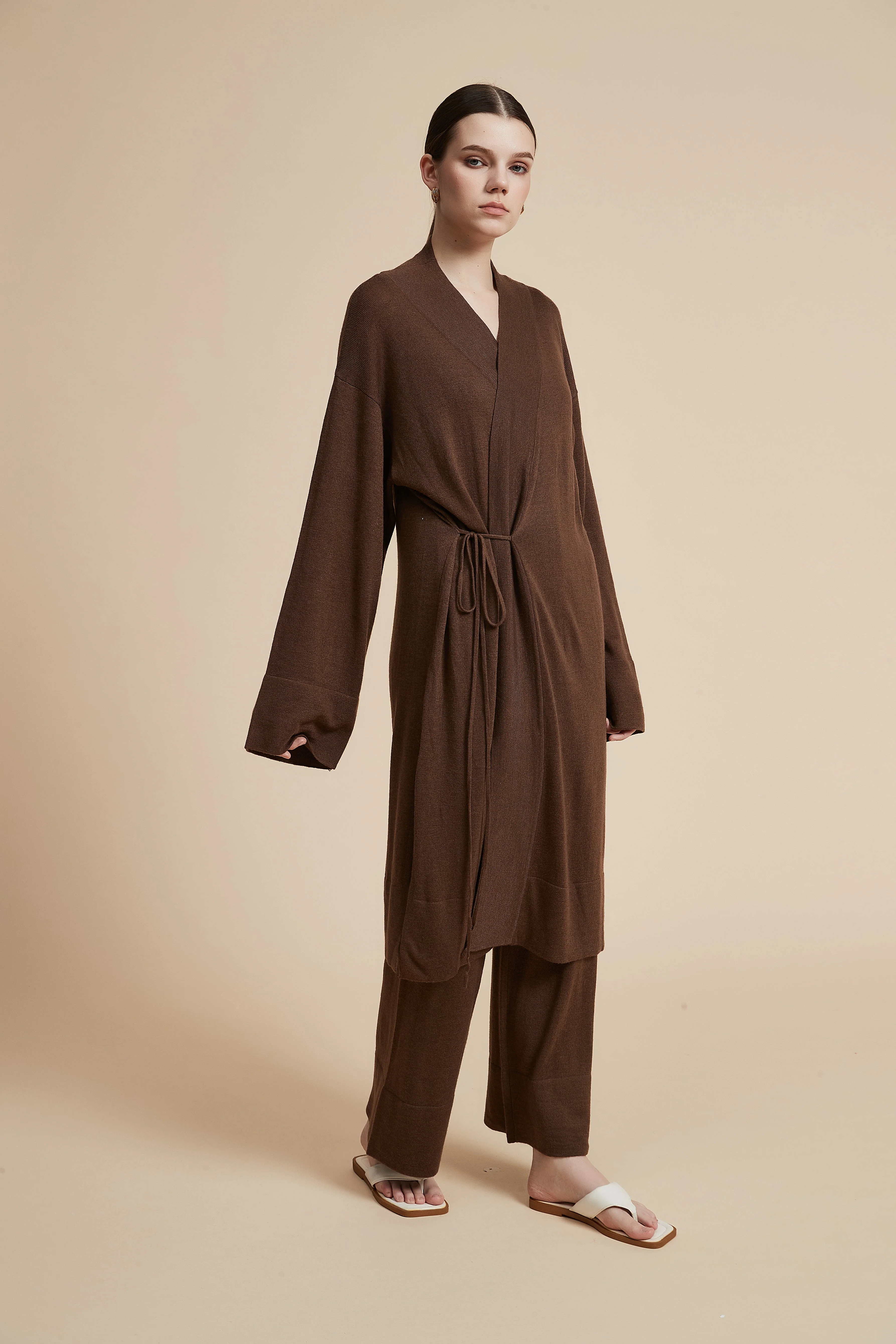 Plain Long Wrap Cardigan With Long Sleeves - Image 2