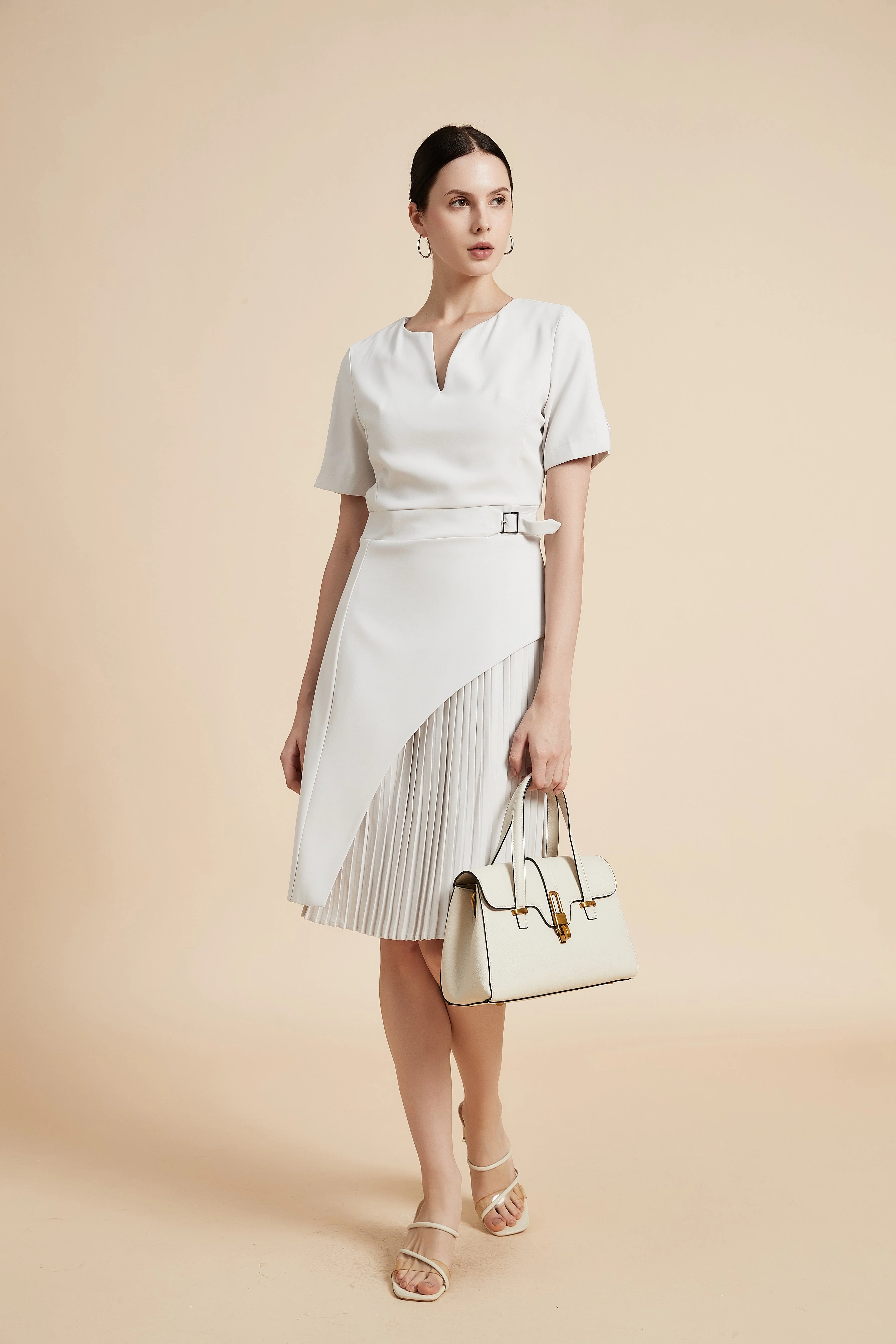 Knee-Length Half-Sleeve Dress with Waist Belt - Image 3