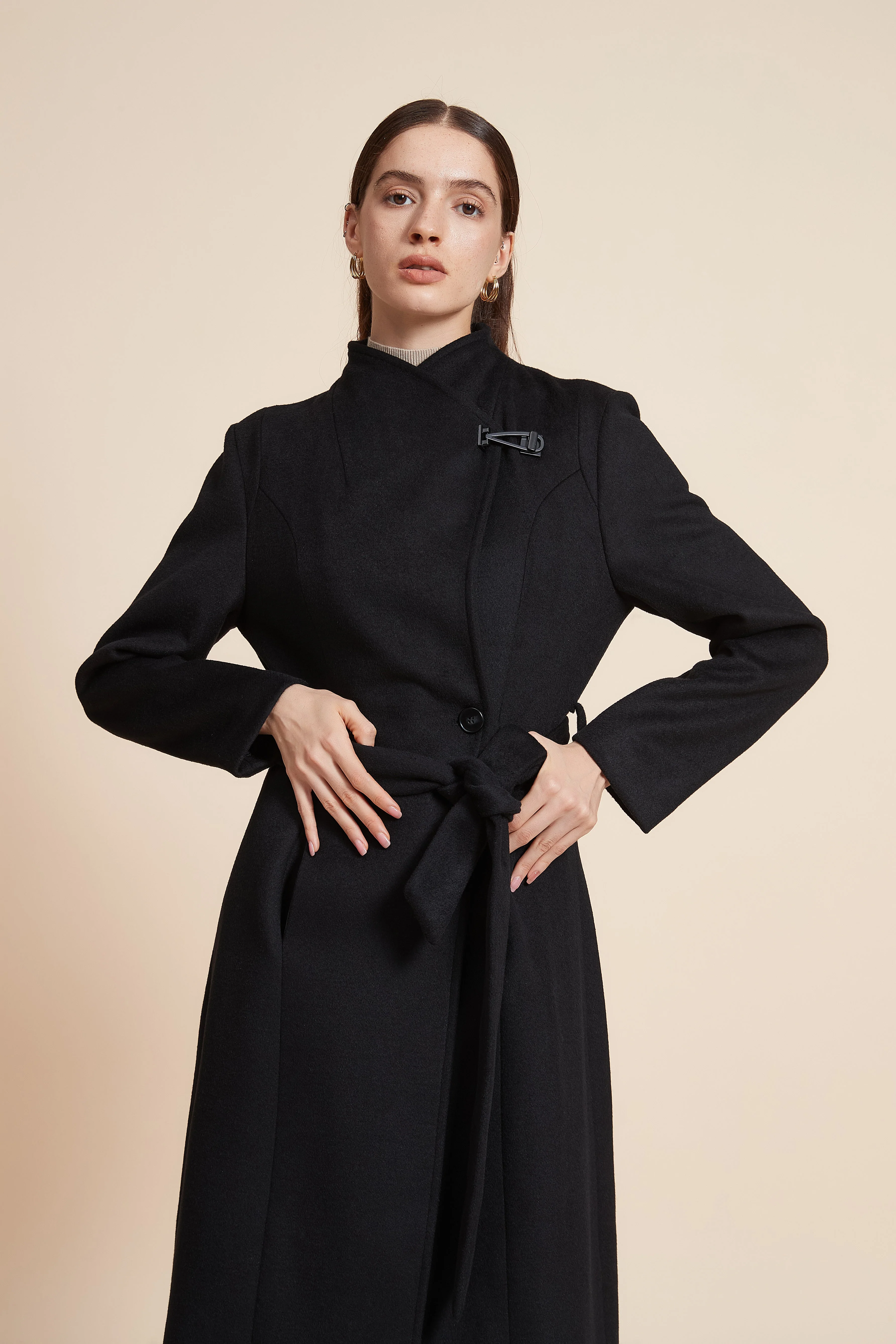 Long Plain Coat With Belt - Image 4