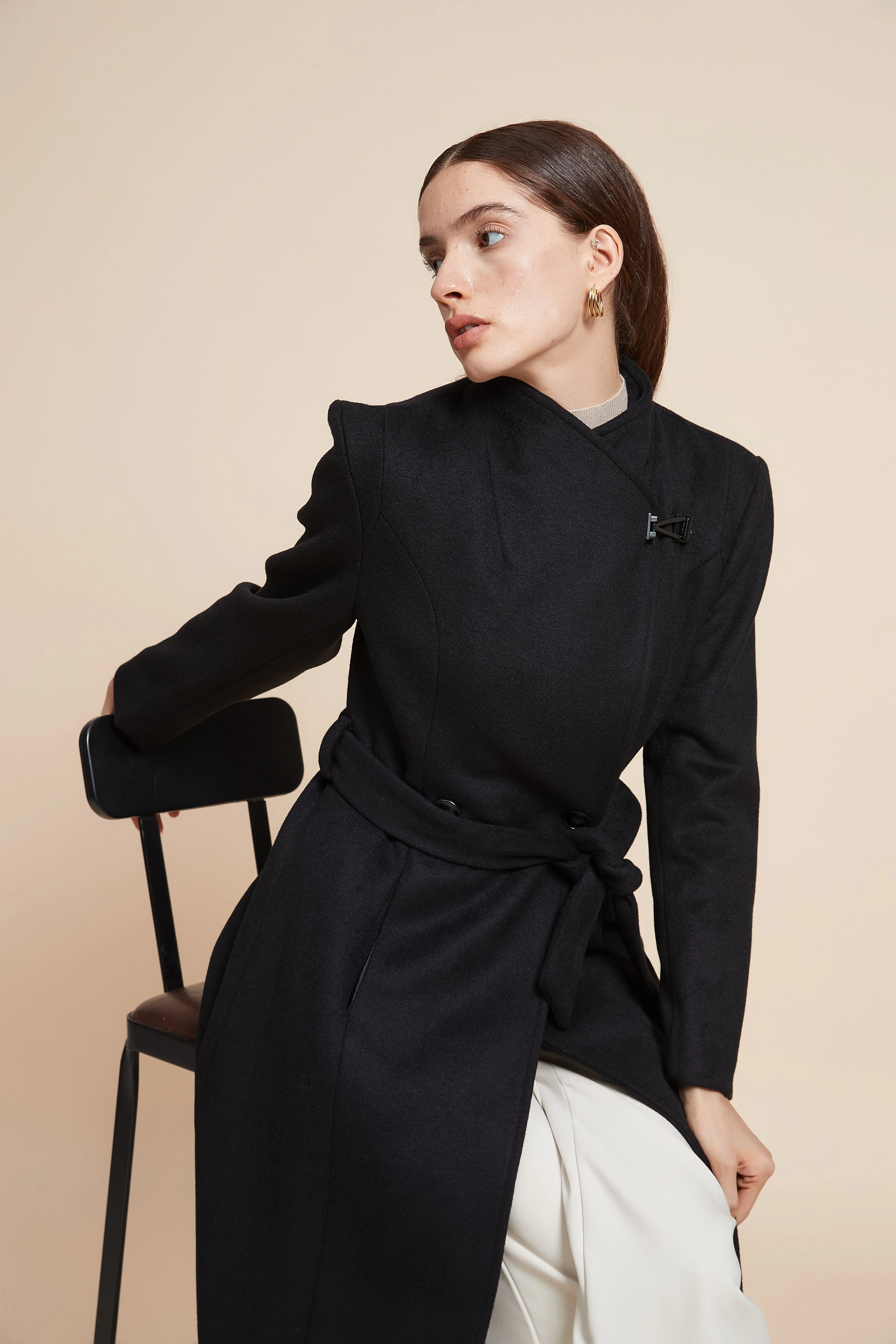 Long Plain Coat With Belt - Image 6