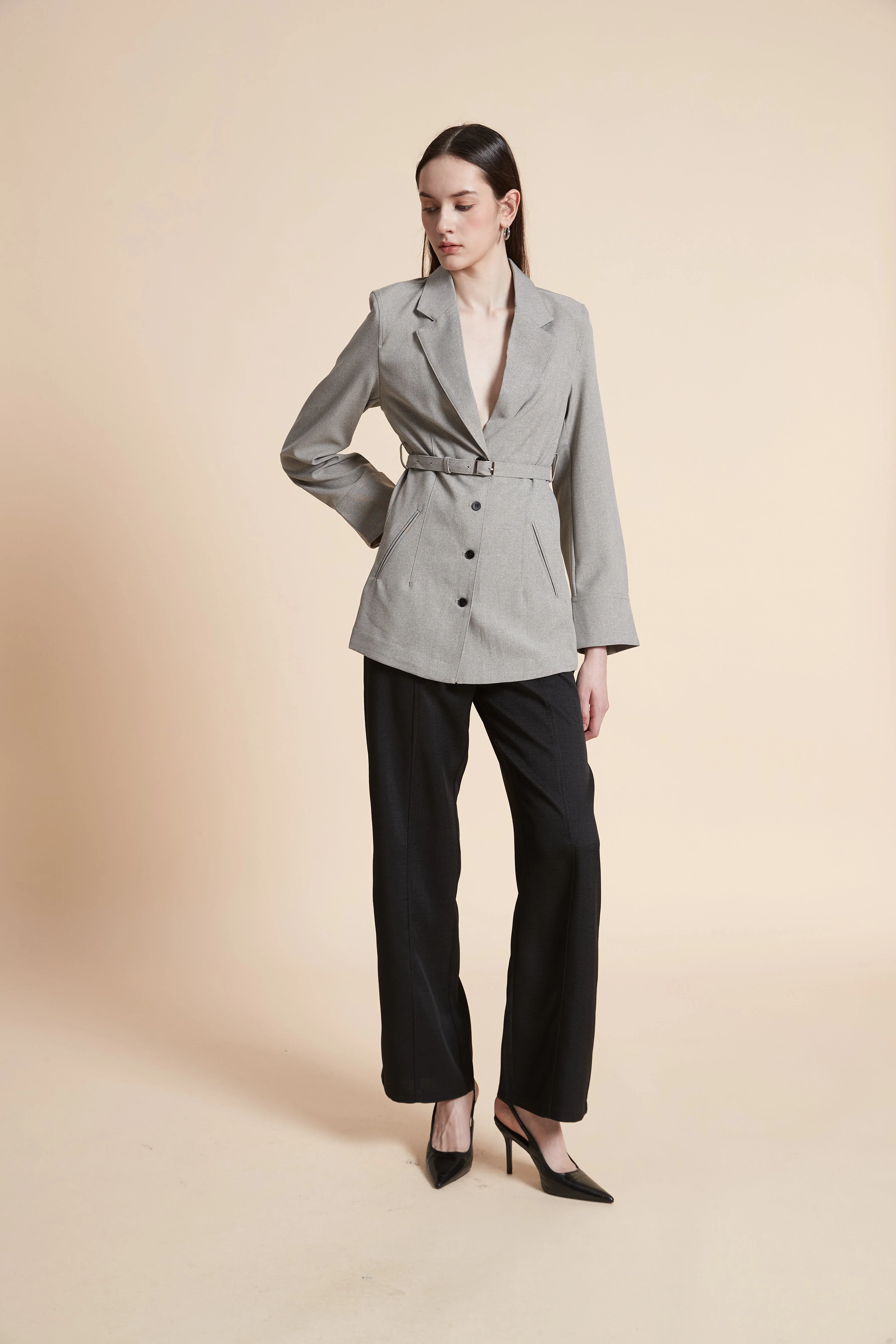 Plain Blazer with Waist Belt - Image 9
