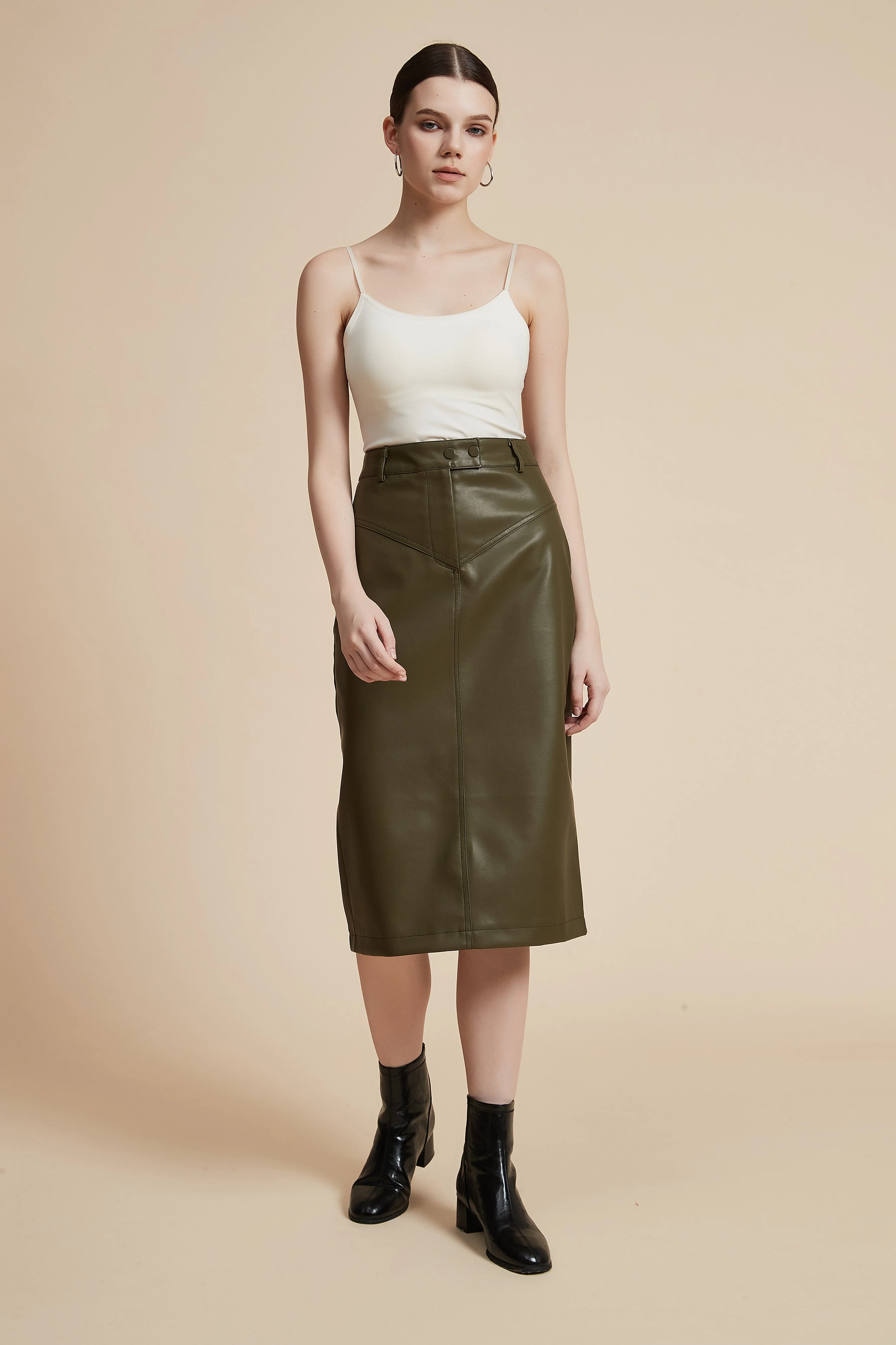 Knee-Length Solid Leather Skirt - Image 2