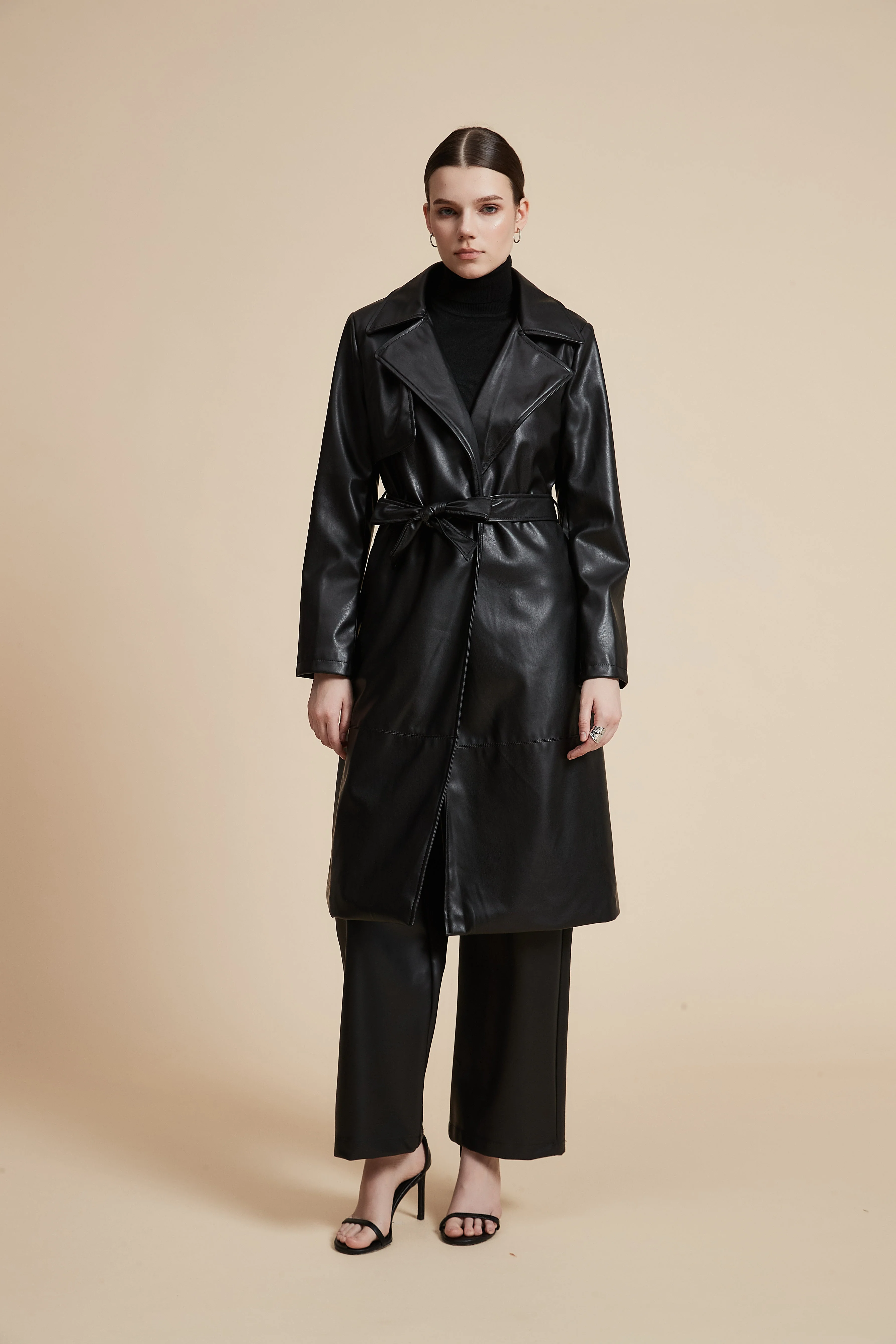 Knee-Length Solid Leather Jacket with Long Sleeves - Image 2