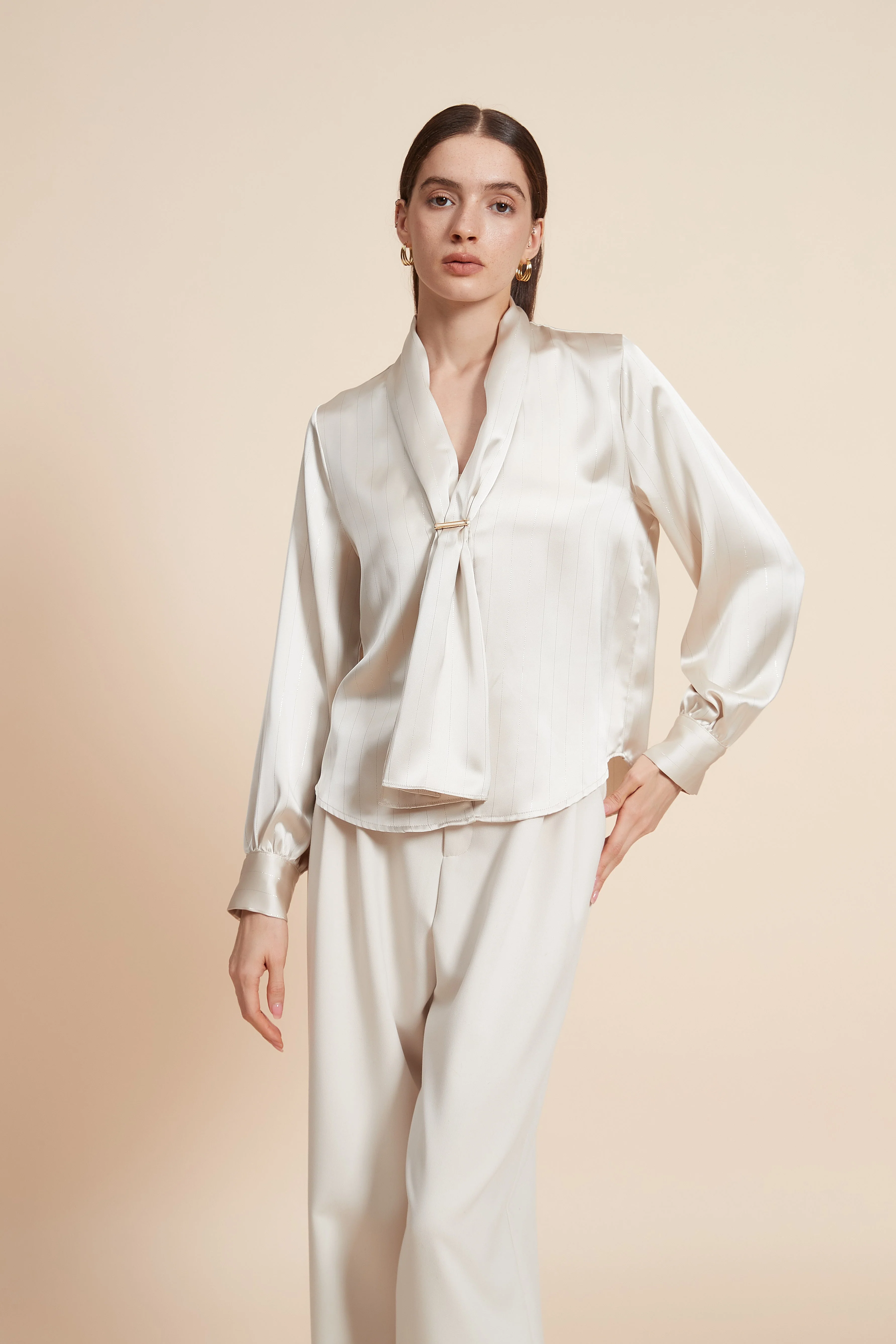 Plain Long Sleeve Blouse with Neck Tie