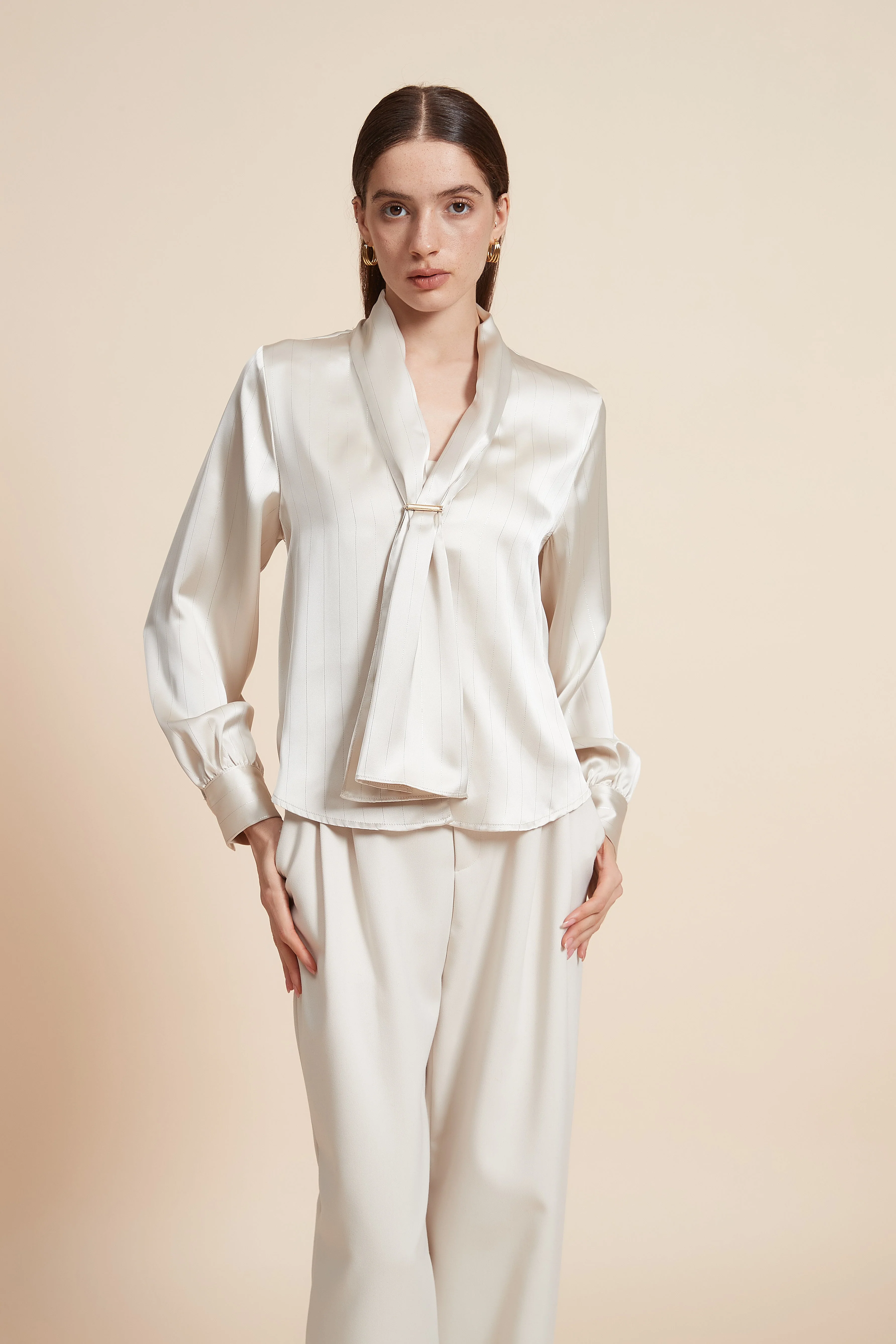 Plain Long Sleeve Blouse with Neck Tie - Image 2