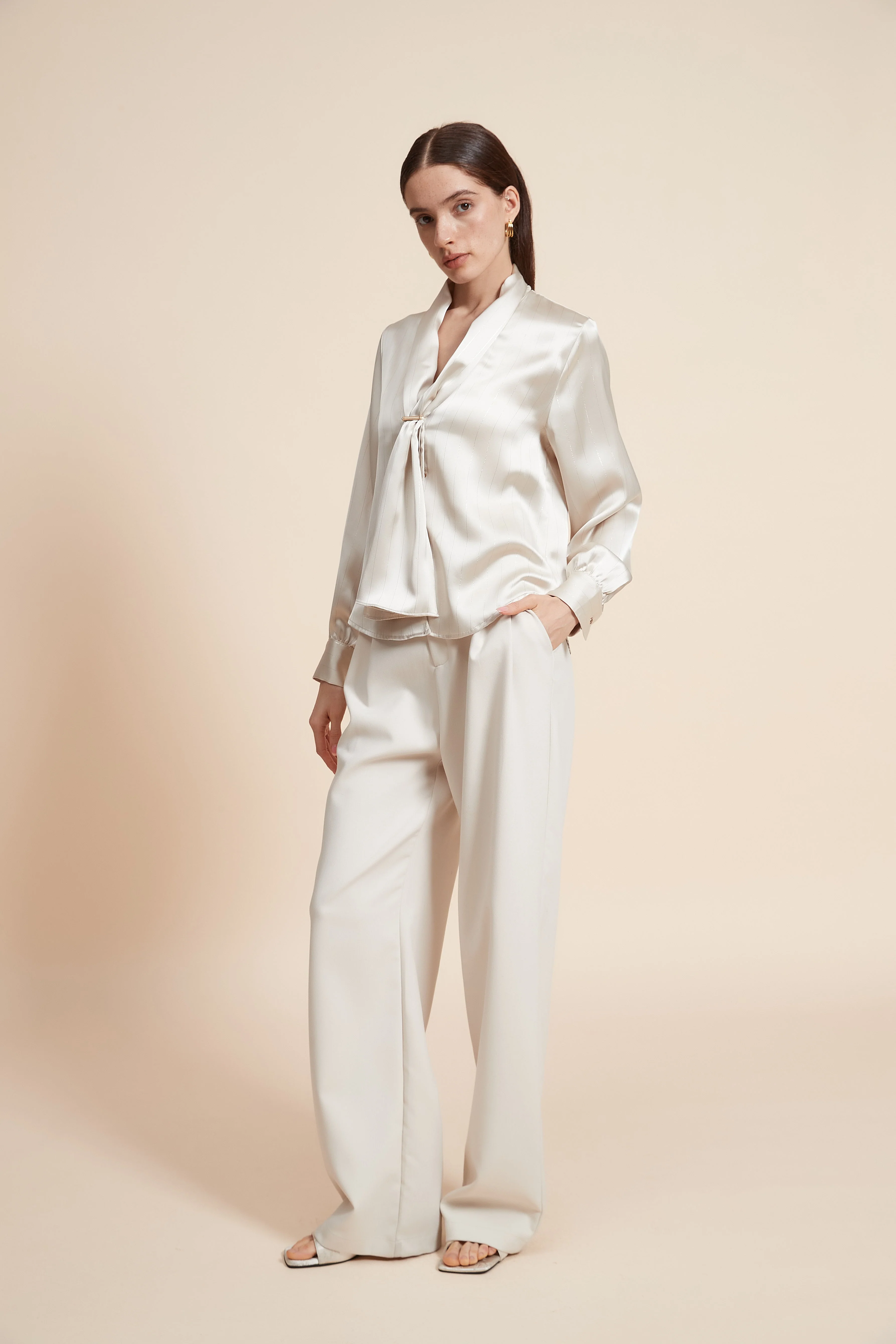 Plain Long Sleeve Blouse with Neck Tie - Image 3
