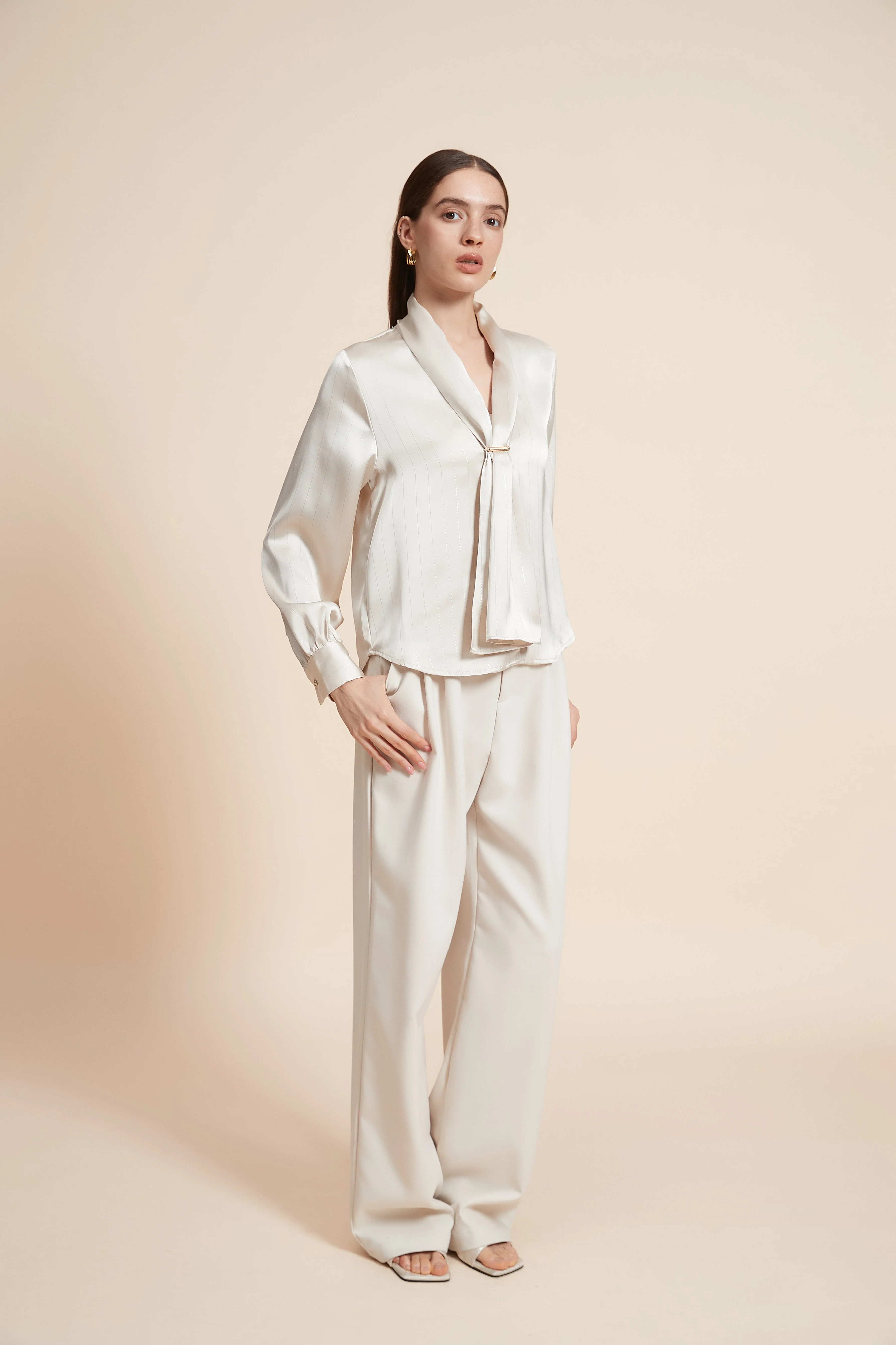 Plain Long Sleeve Blouse with Neck Tie - Image 4