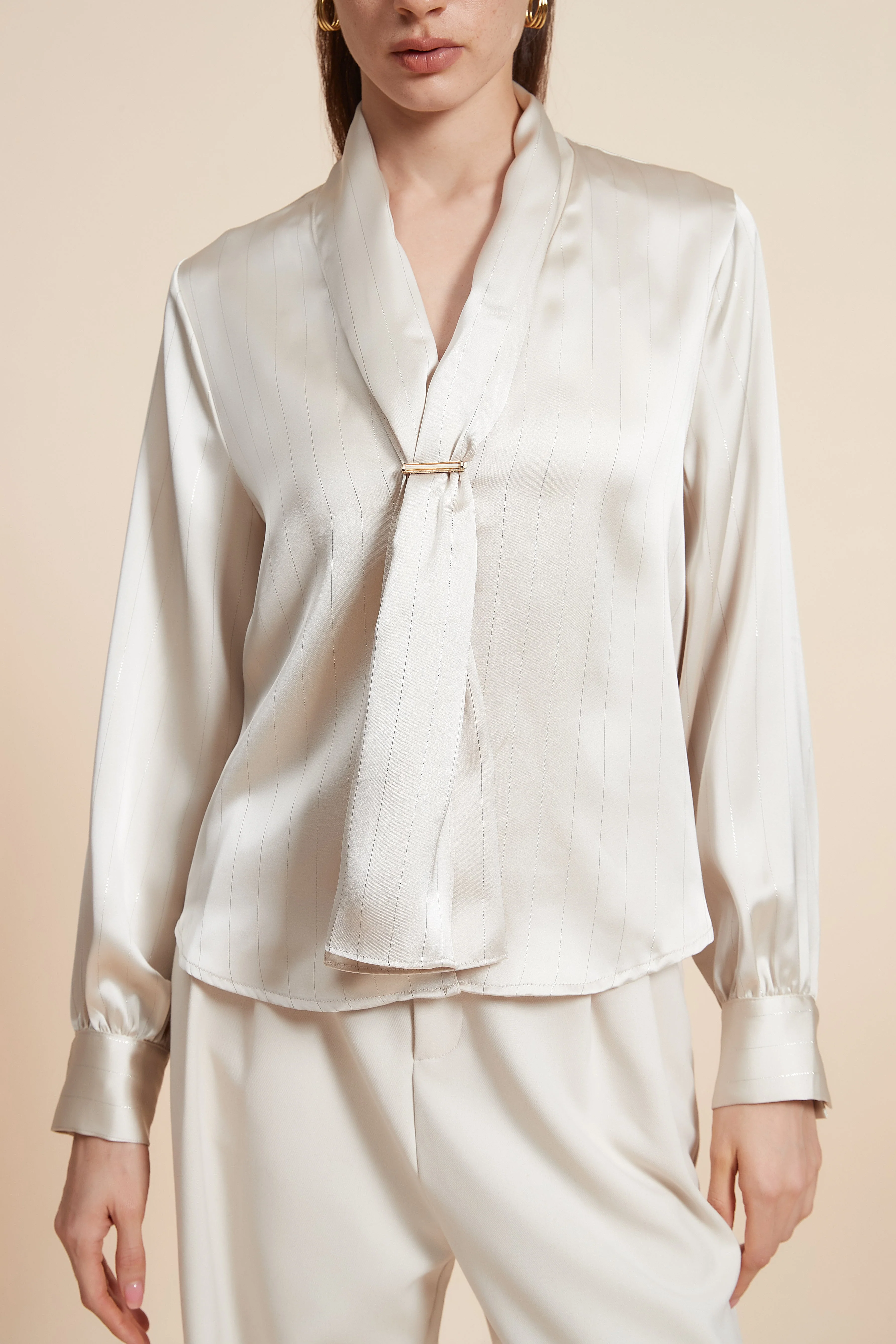 Plain Long Sleeve Blouse with Neck Tie - Image 5