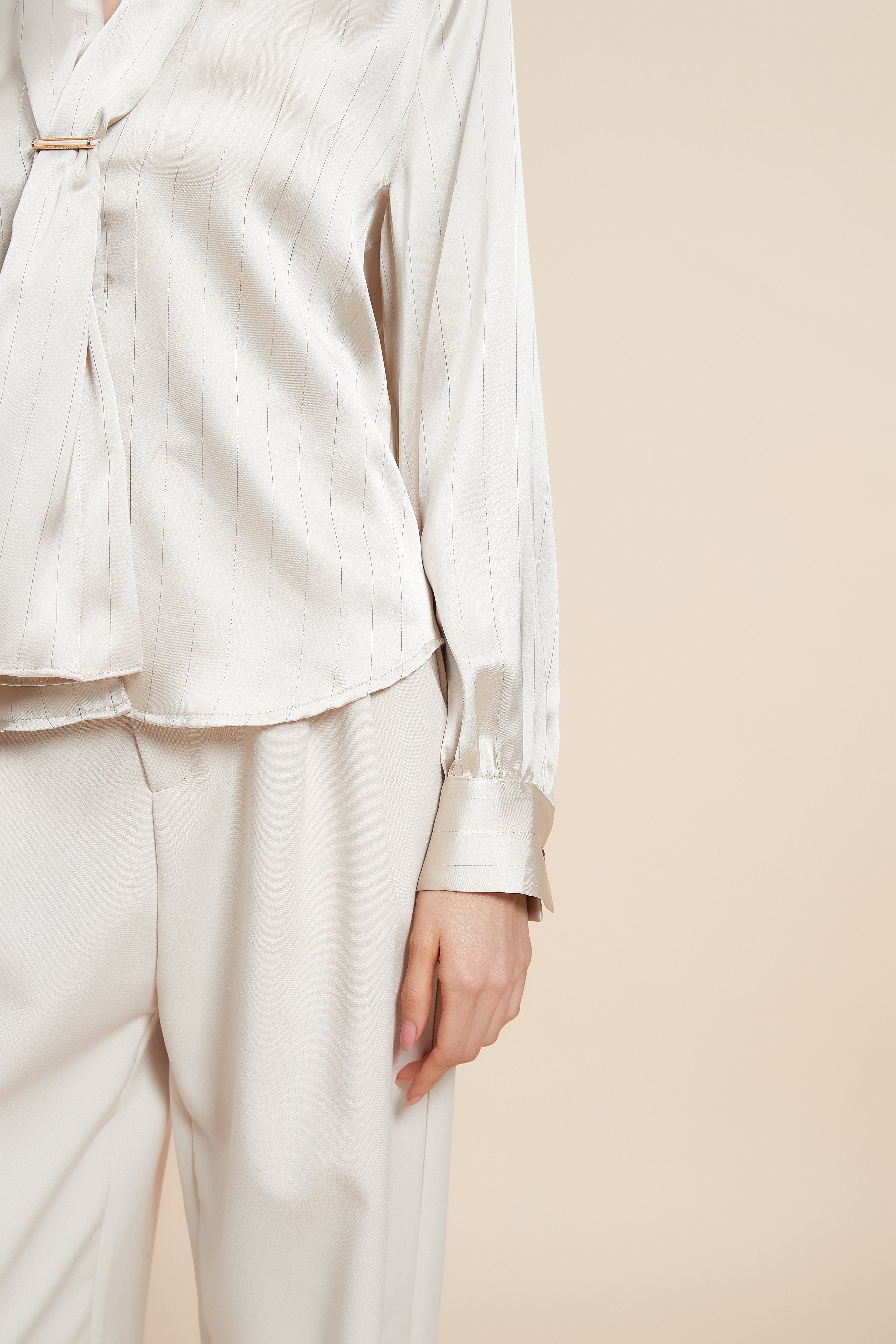 Plain Long Sleeve Blouse with Neck Tie - Image 6