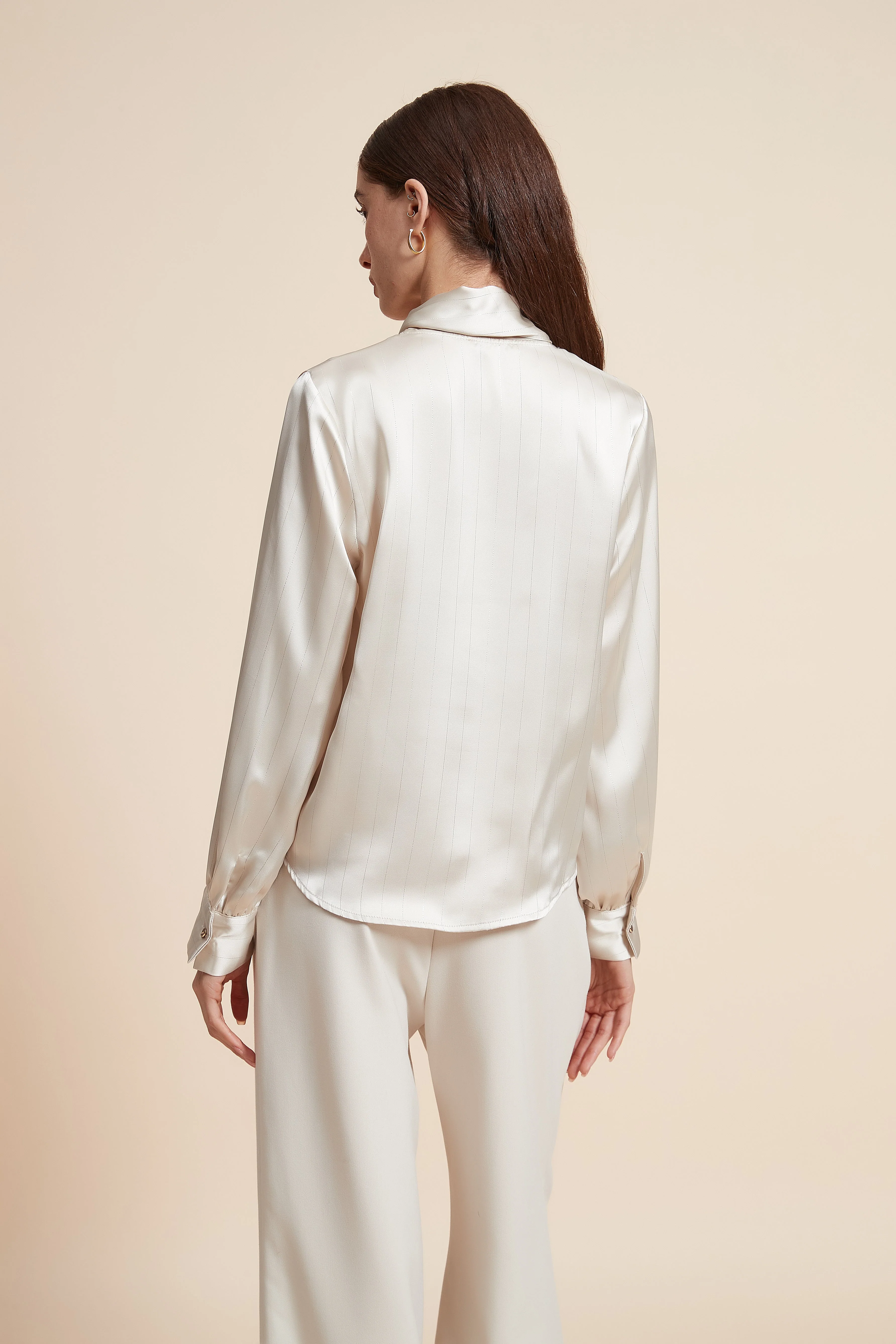 Plain Long Sleeve Blouse with Neck Tie - Image 7