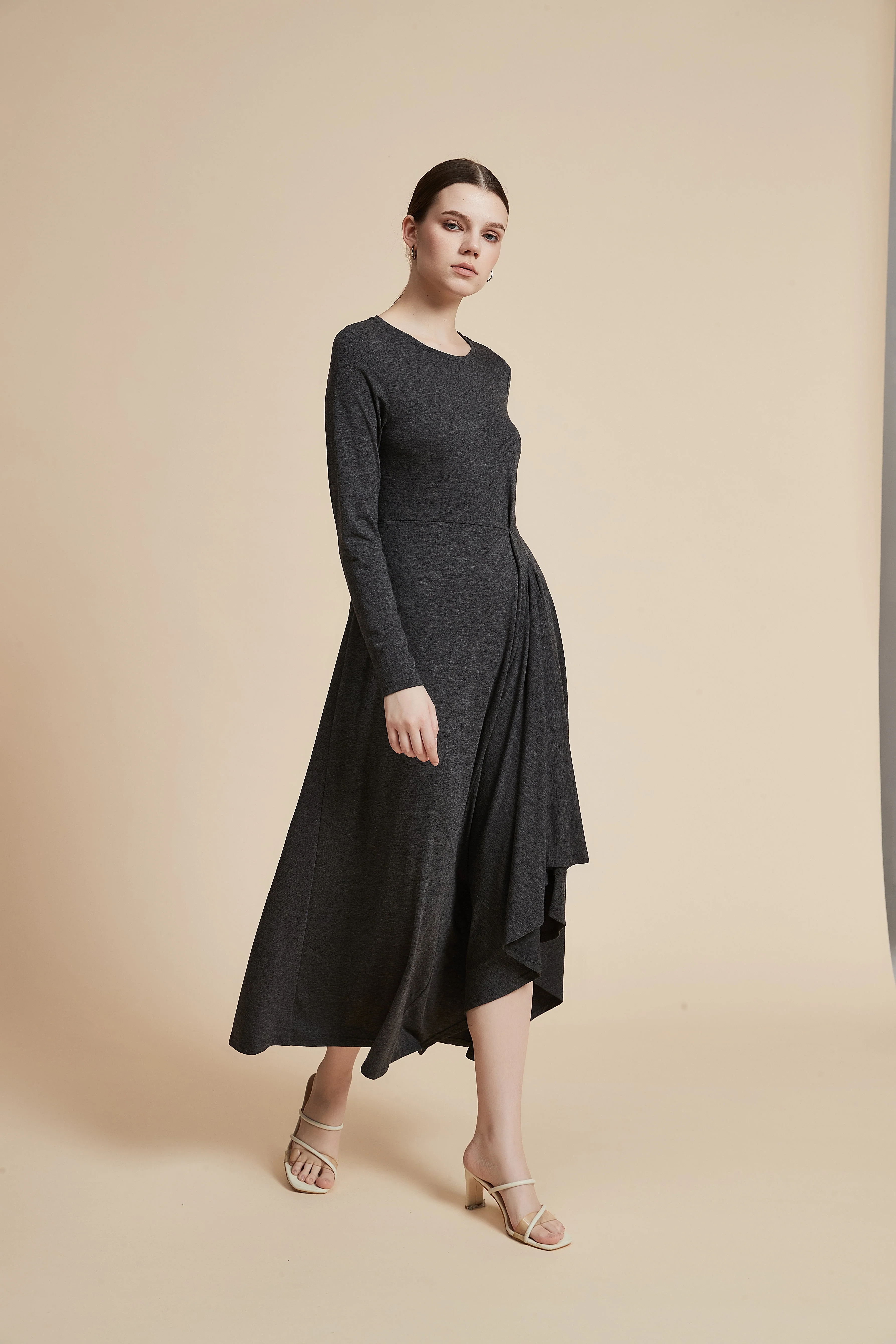 Plain Long-Sleeved Ruffled Midi Dress