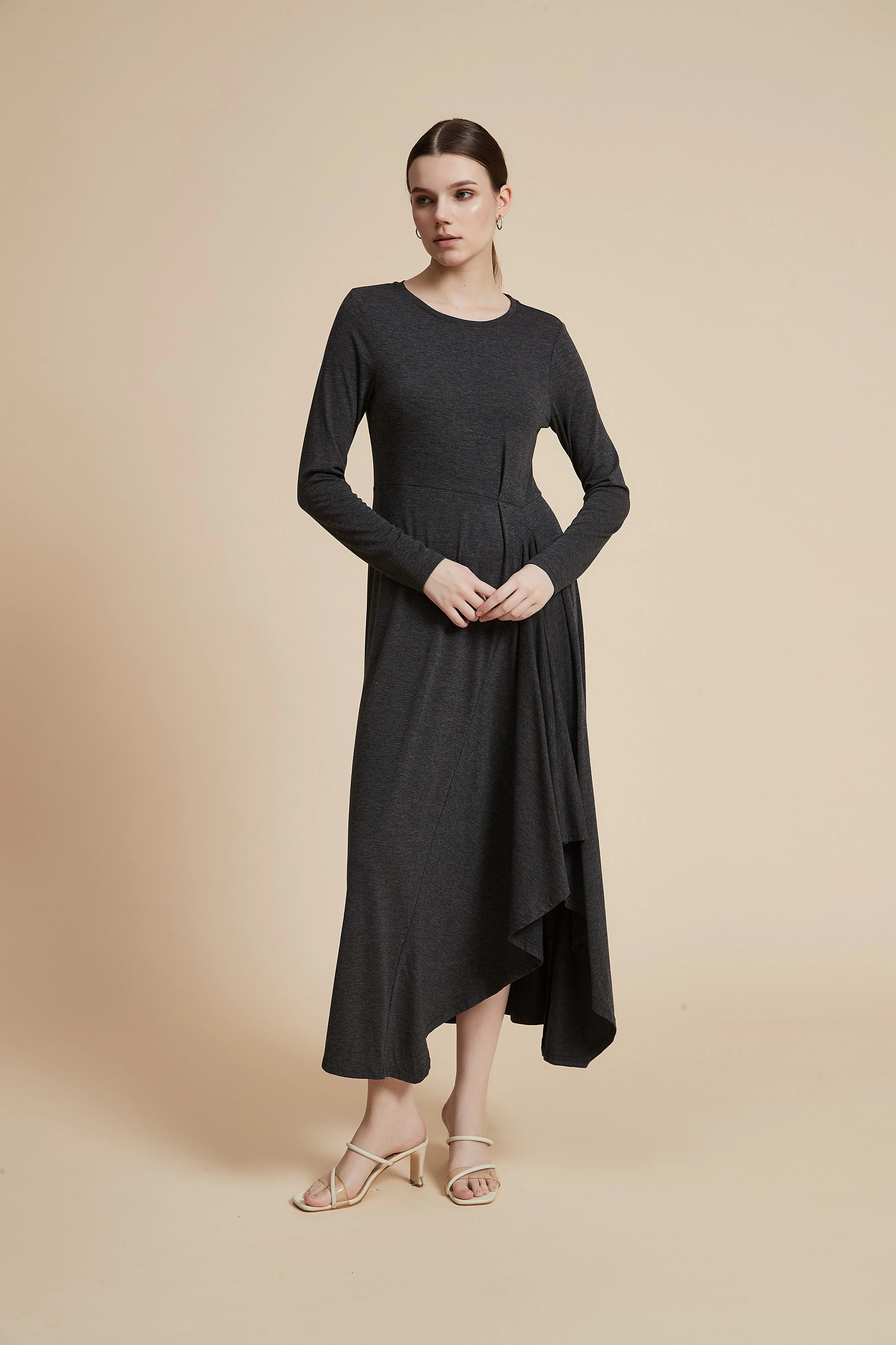 Plain Long-Sleeved Ruffled Midi Dress - Image 2