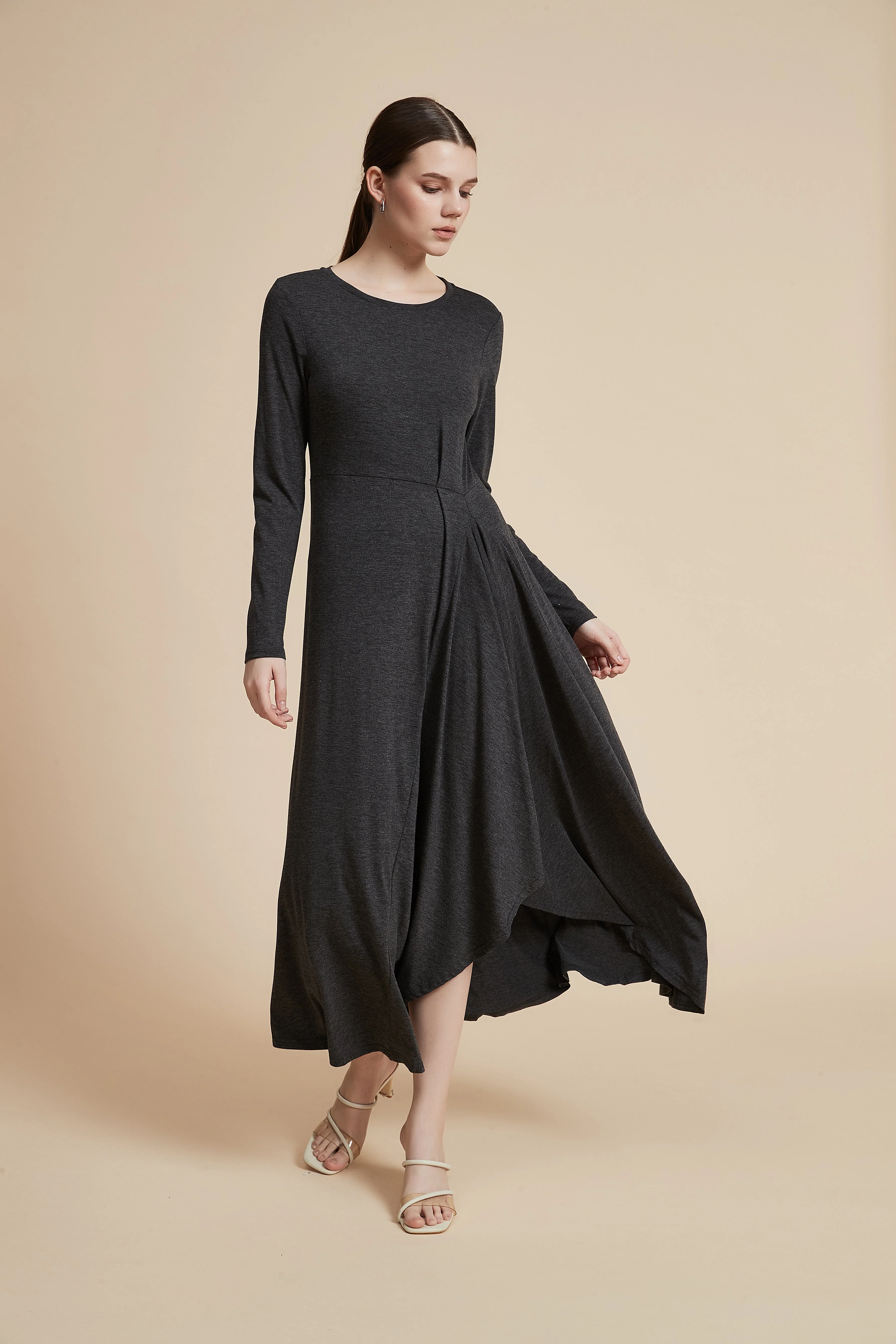 Plain Long-Sleeved Ruffled Midi Dress - Image 3