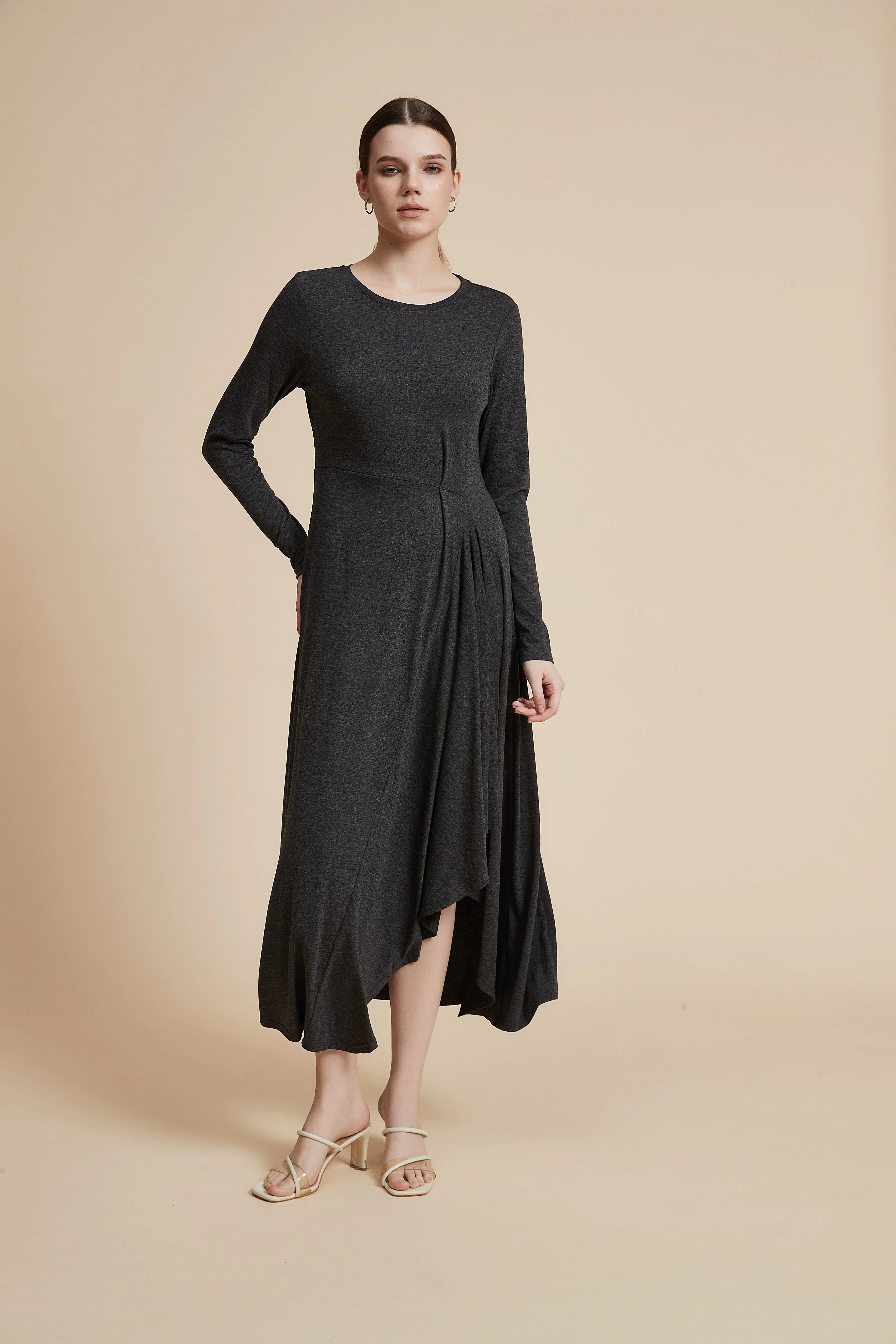 Plain Long-Sleeved Ruffled Midi Dress - Image 4