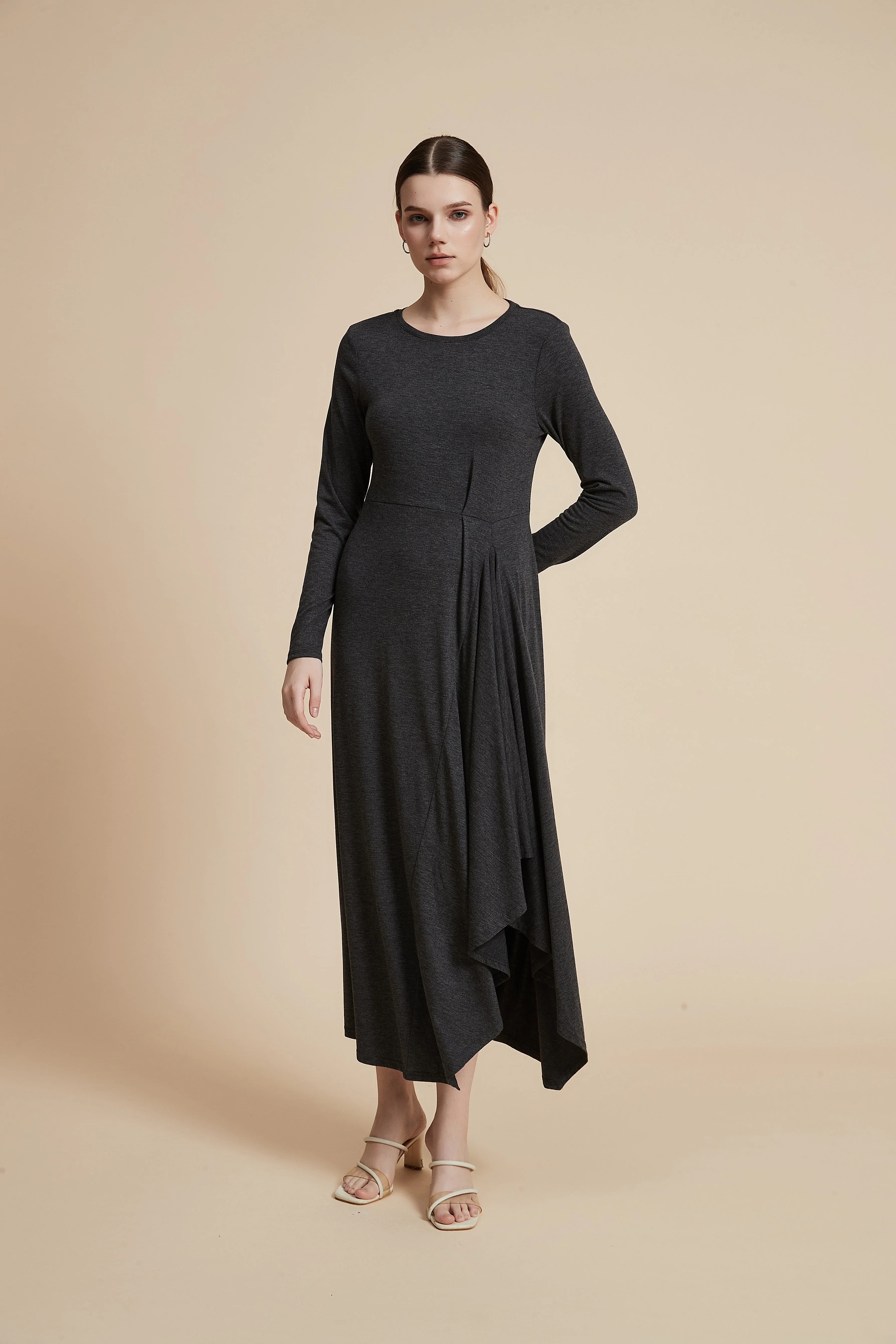 Plain Long-Sleeved Ruffled Midi Dress - Image 5