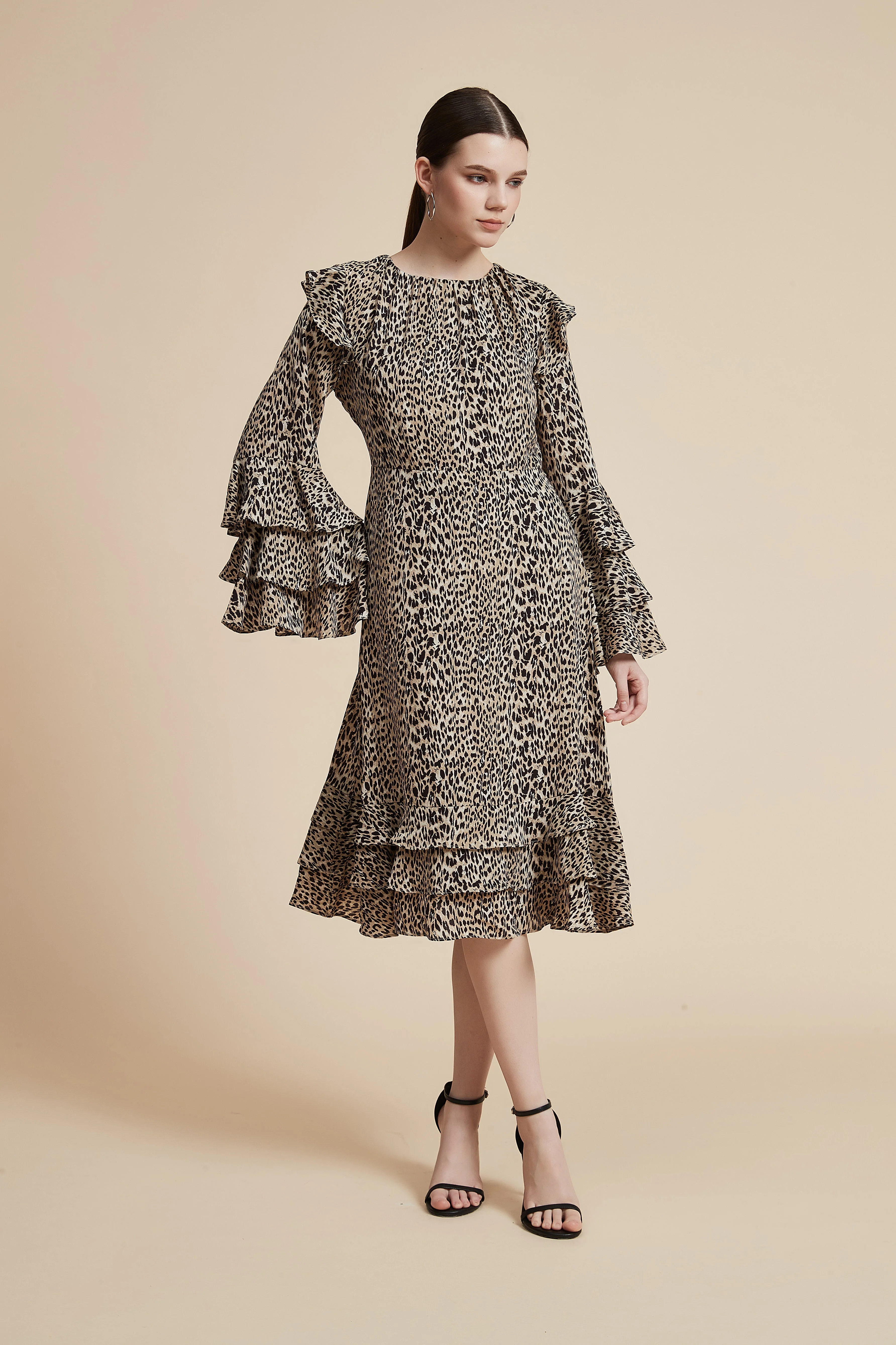 Leopard Print Ruffled Midi Dress with Long Sleeves - Image 4