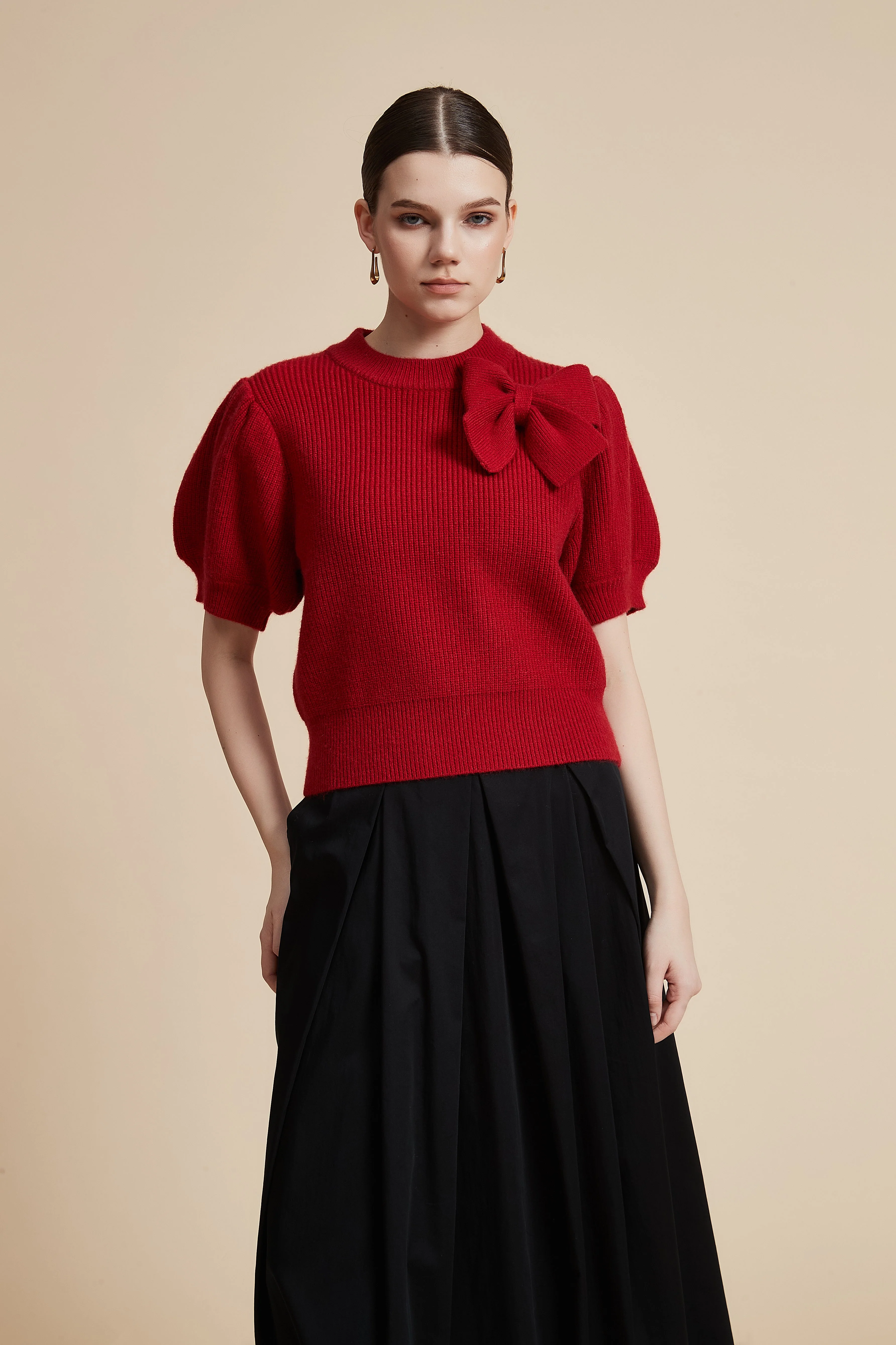 Short Sleeve Waist-Length Sweater with Shoulder Bow - Image 2