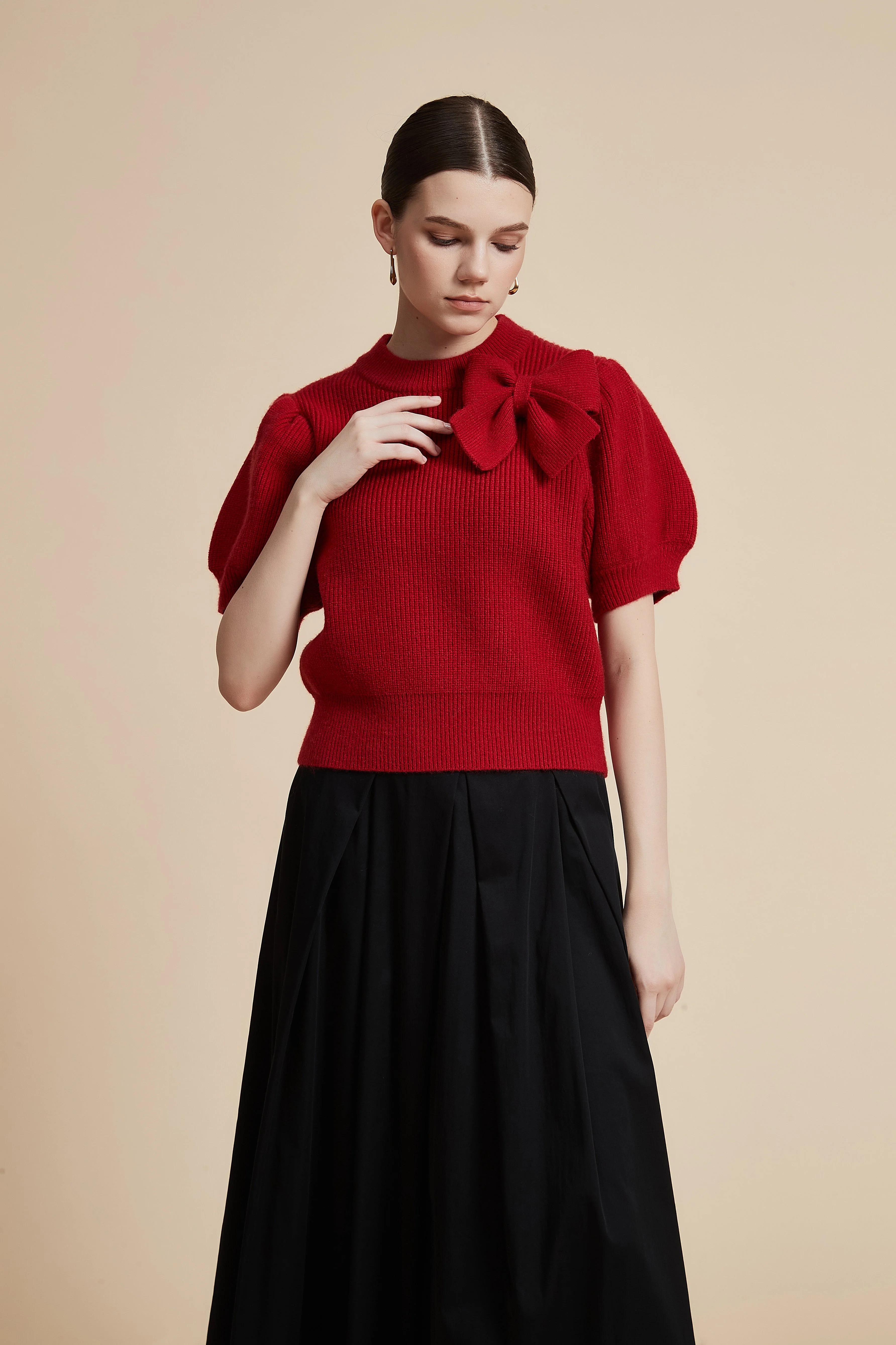 Short Sleeve Waist-Length Sweater with Shoulder Bow - Image 3