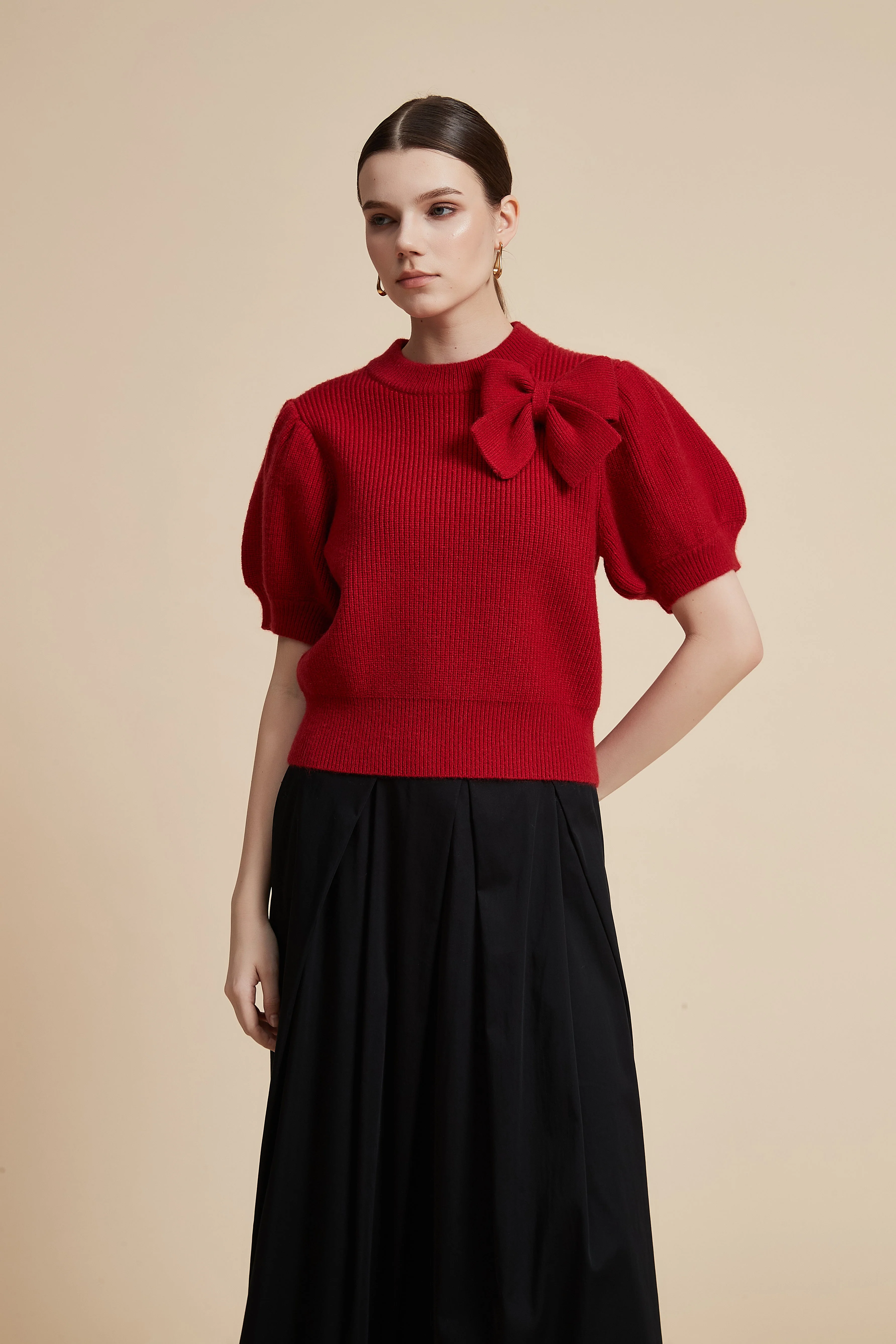 Short Sleeve Waist-Length Sweater with Shoulder Bow - Image 4