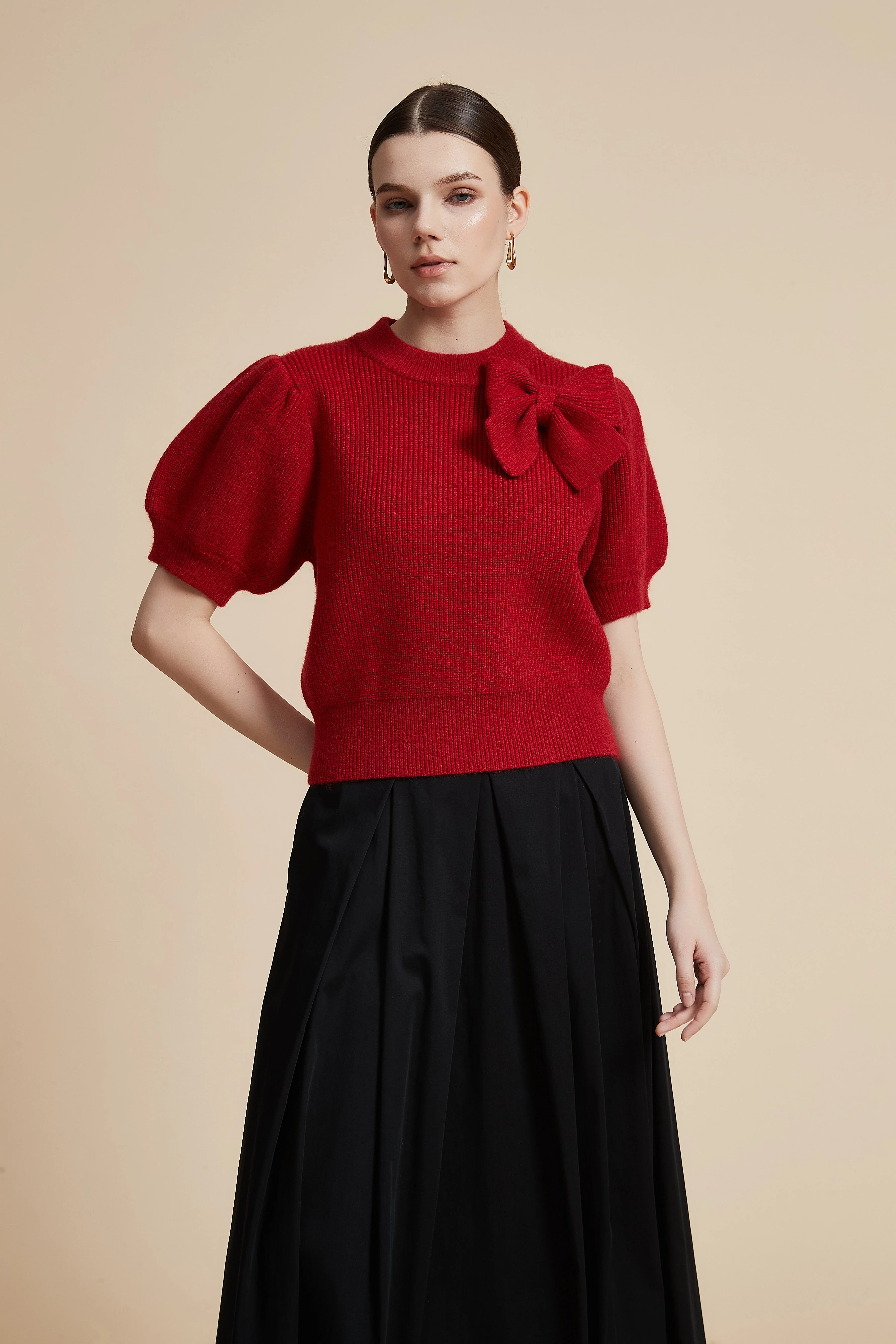 Short Sleeve Waist-Length Sweater with Shoulder Bow - Image 5