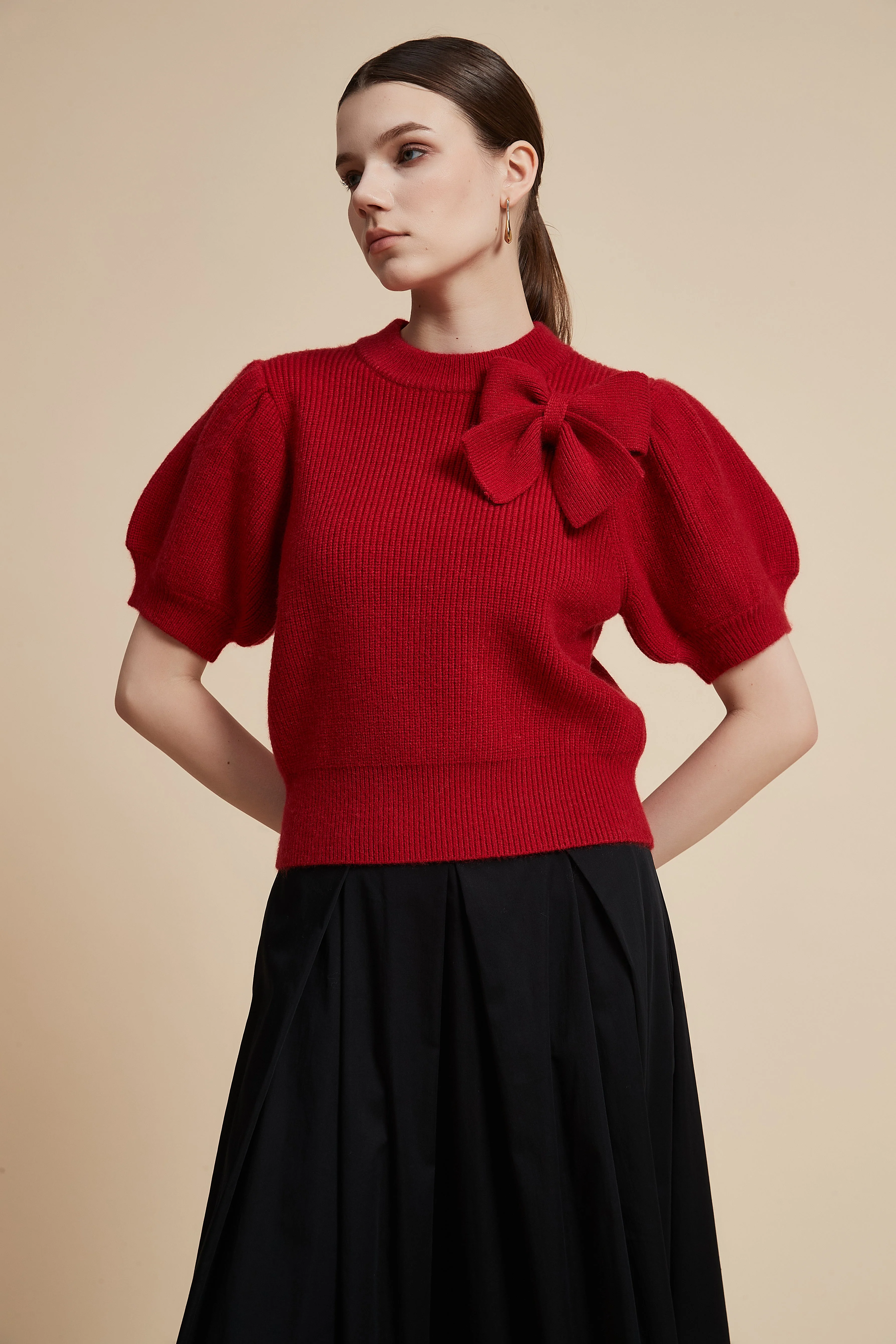 Short Sleeve Waist-Length Sweater with Shoulder Bow - Image 7