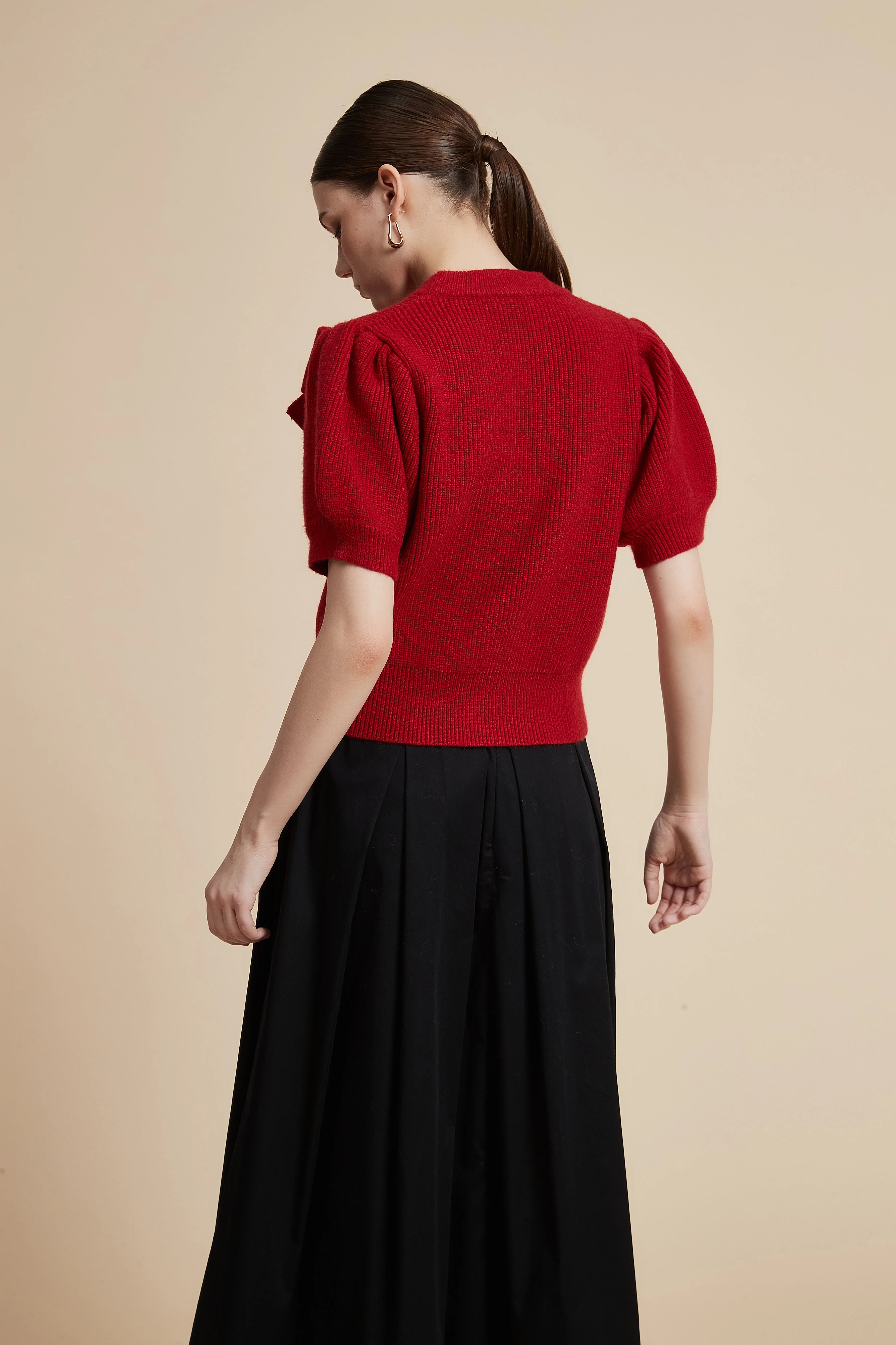Short Sleeve Waist-Length Sweater with Shoulder Bow - Image 9