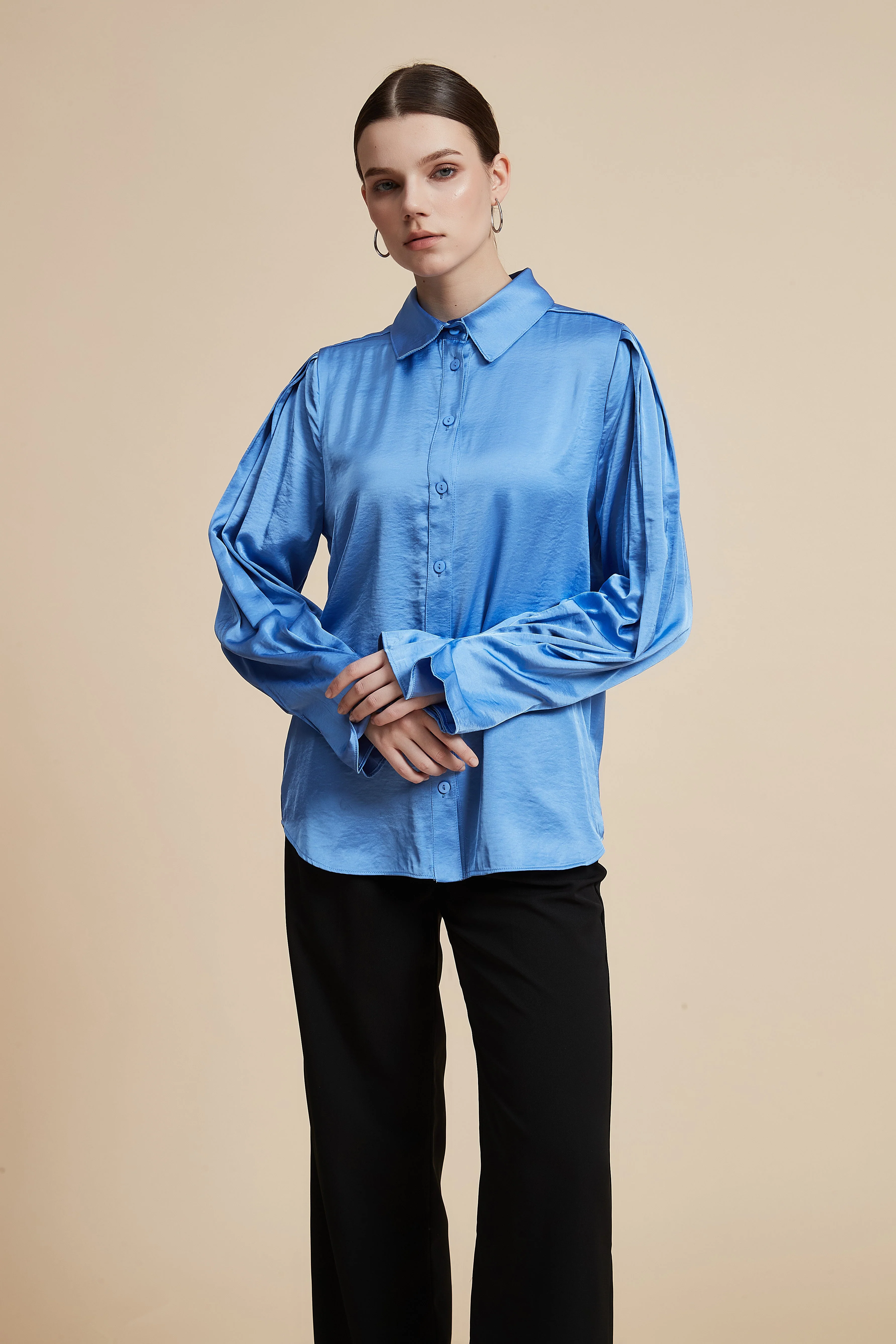 Plain Long-Sleeved Shirt-Style Blouse - Image 10