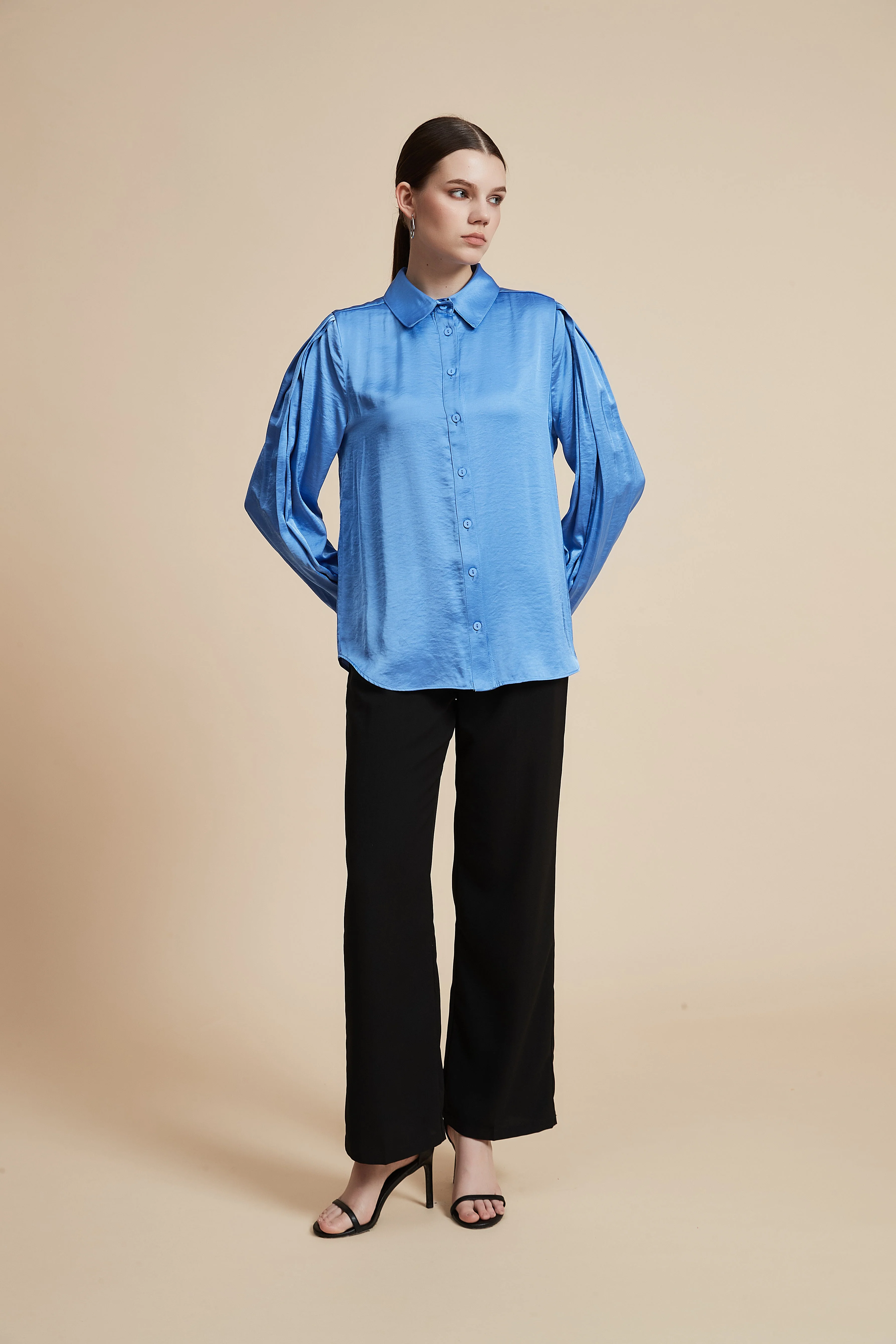Plain Long-Sleeved Shirt-Style Blouse - Image 11